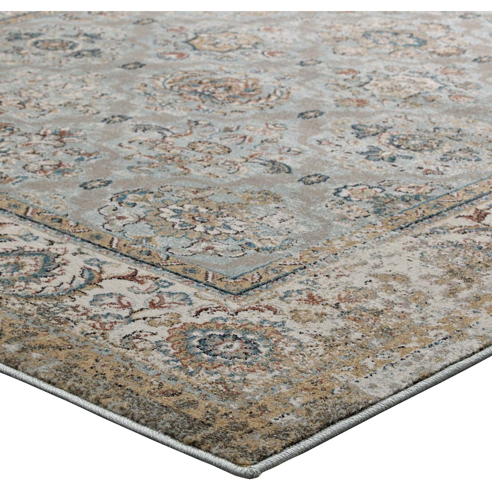 Hisa Distressed Vintage Floral Lattice 5x8 Area Rug - Silver Blue, Beige and Brown