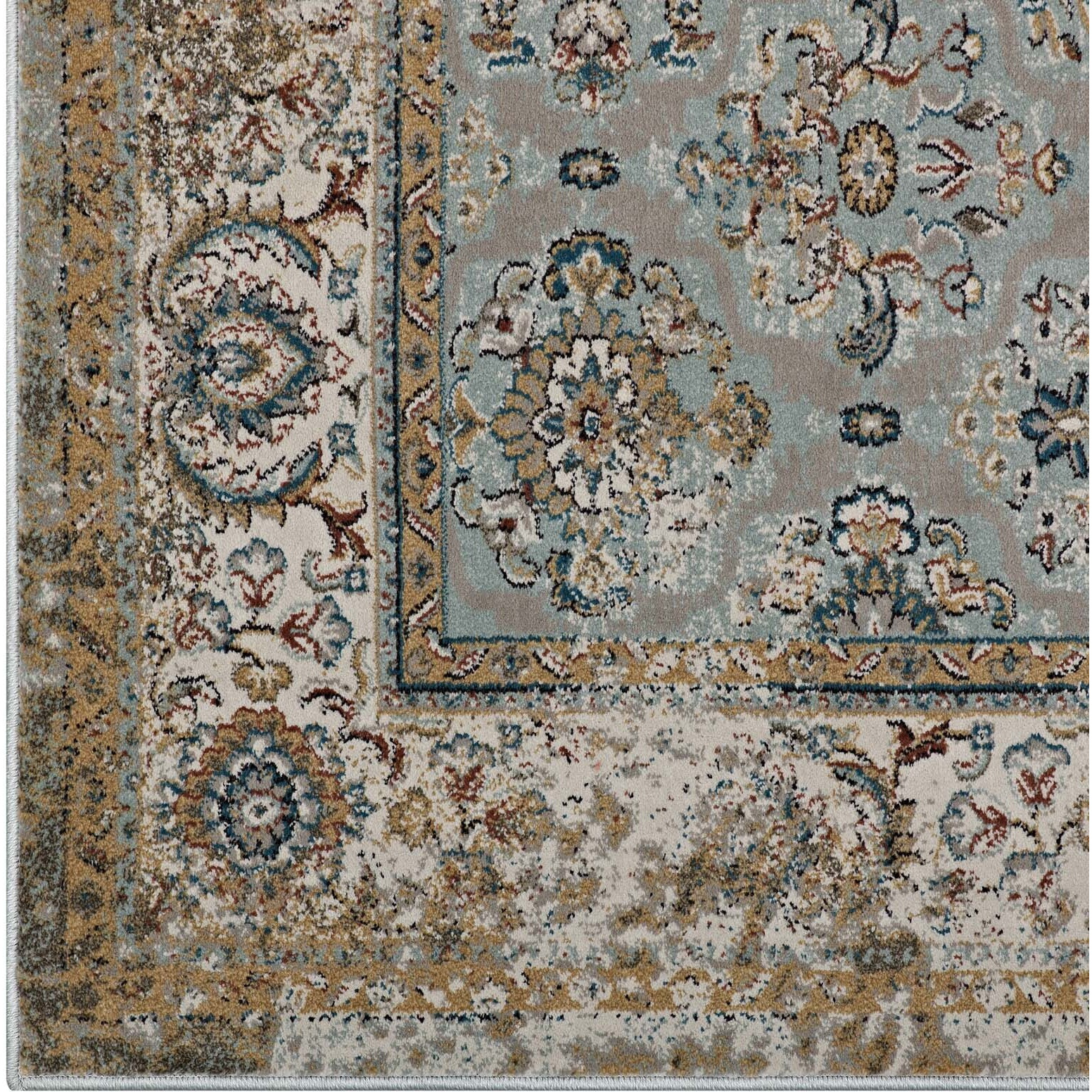 Hisa Distressed Vintage Floral Lattice 5x8 Area Rug - Silver Blue, Beige and Brown