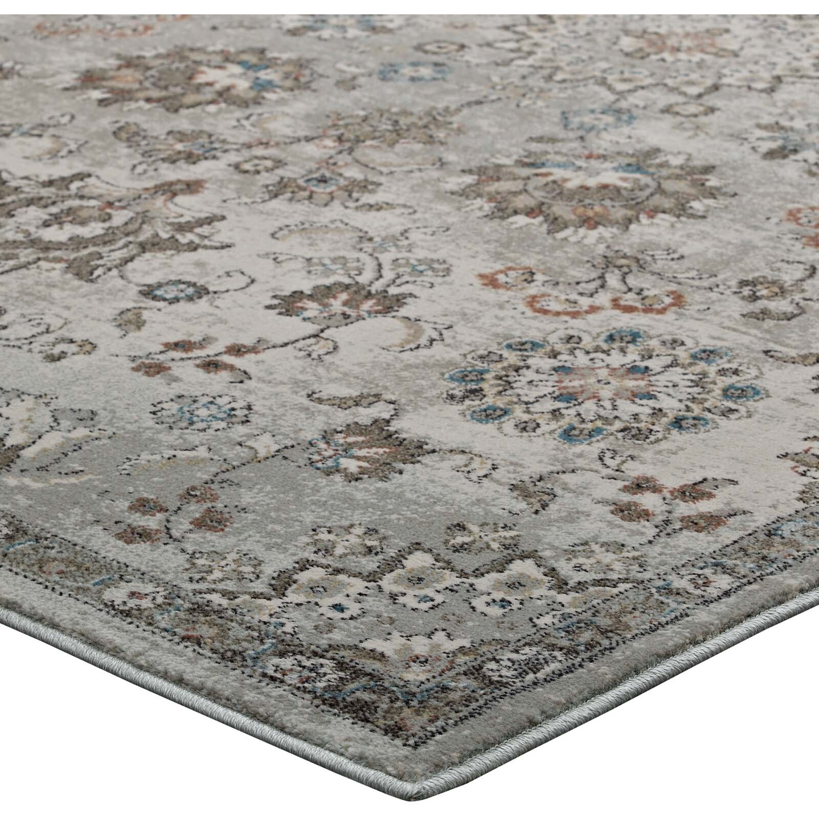 Hana Distressed Vintage FloralLattice 5x8 Area Rug - Silver Blue, Beige and Brown