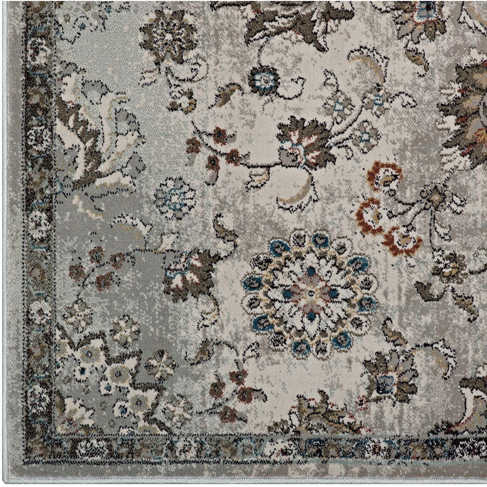 Hana Distressed Vintage FloralLattice 5x8 Area Rug - Silver Blue, Beige and Brown
