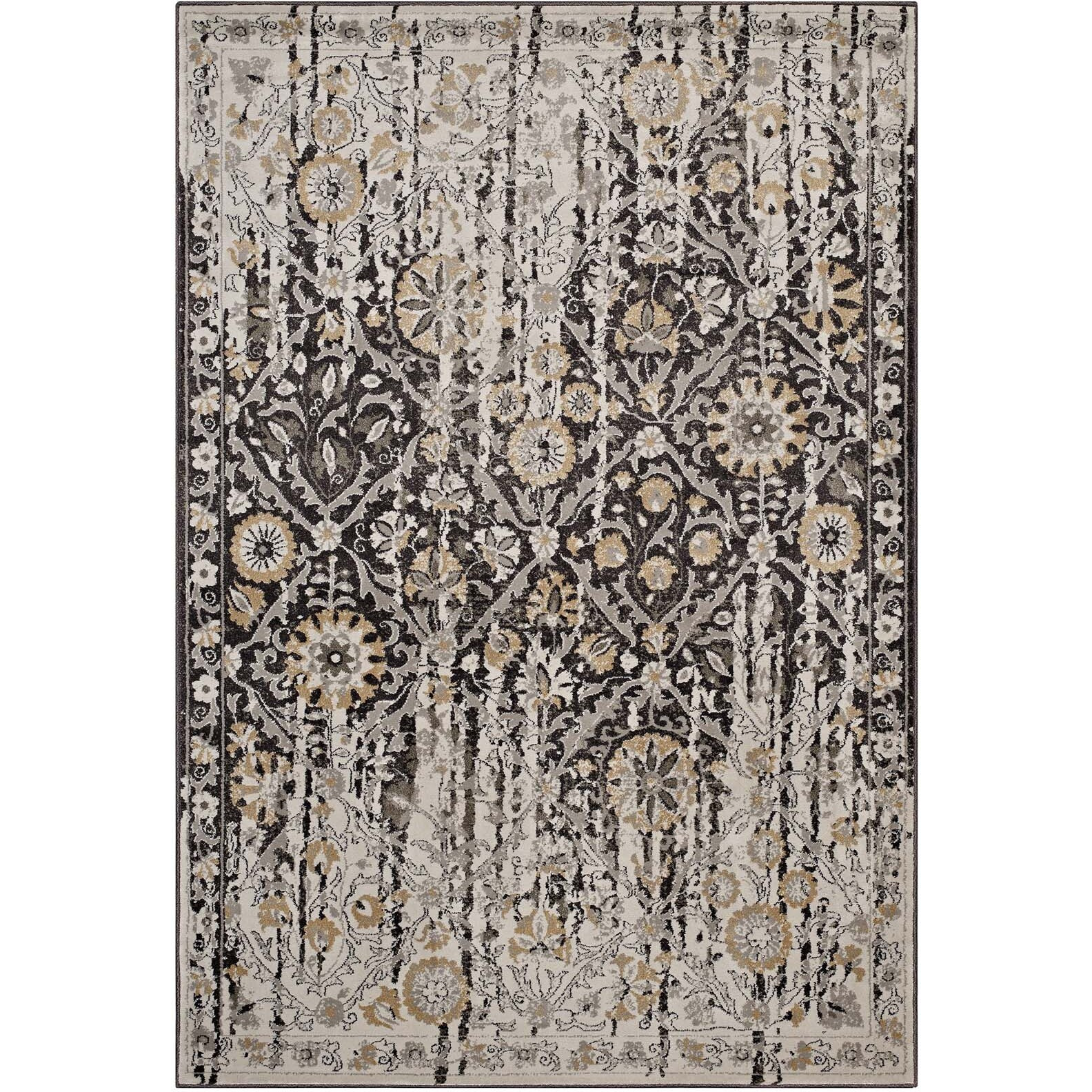 Ganesa Distressed Diamond FloralLattice 5x8 Area Rug - Black and Beige