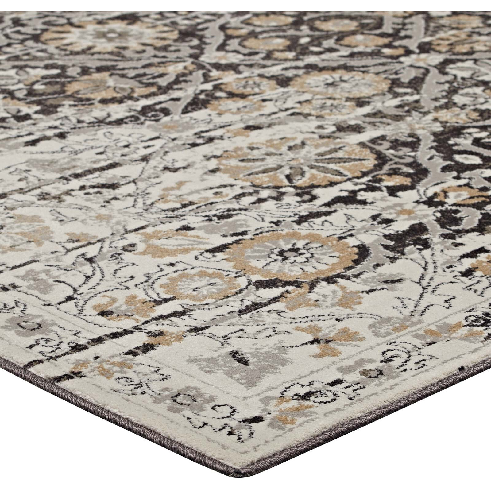 Ganesa Distressed Diamond FloralLattice 5x8 Area Rug - Black and Beige
