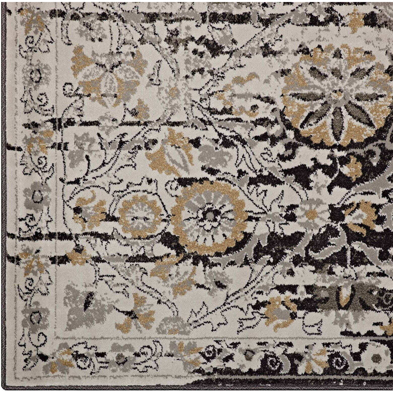 Ganesa Distressed Diamond FloralLattice 5x8 Area Rug - Black and Beige