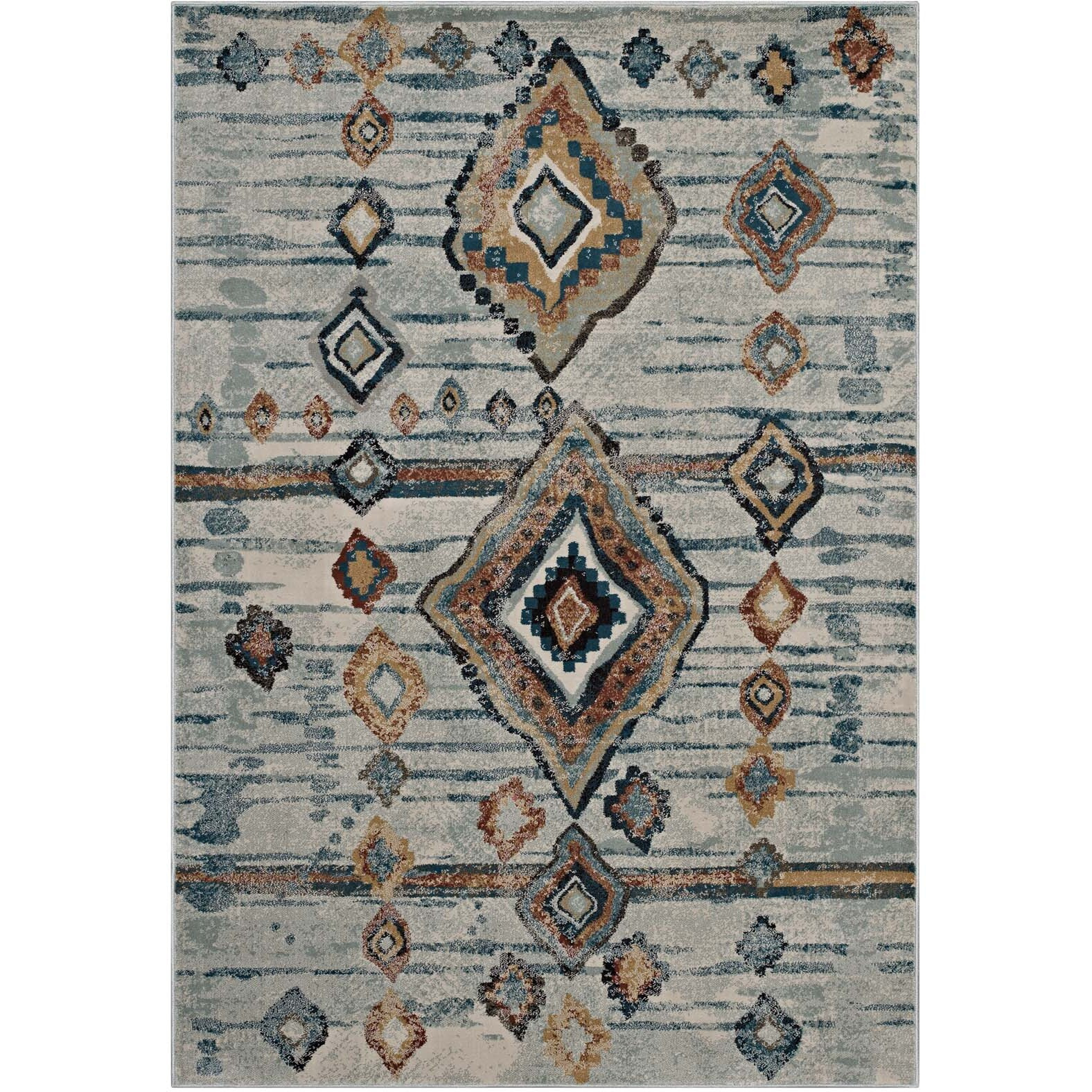 Jenica Distressed Moroccan Tribal Abstract Diamond 5x8 Area Rug - Silver Blue, Beige and Brown