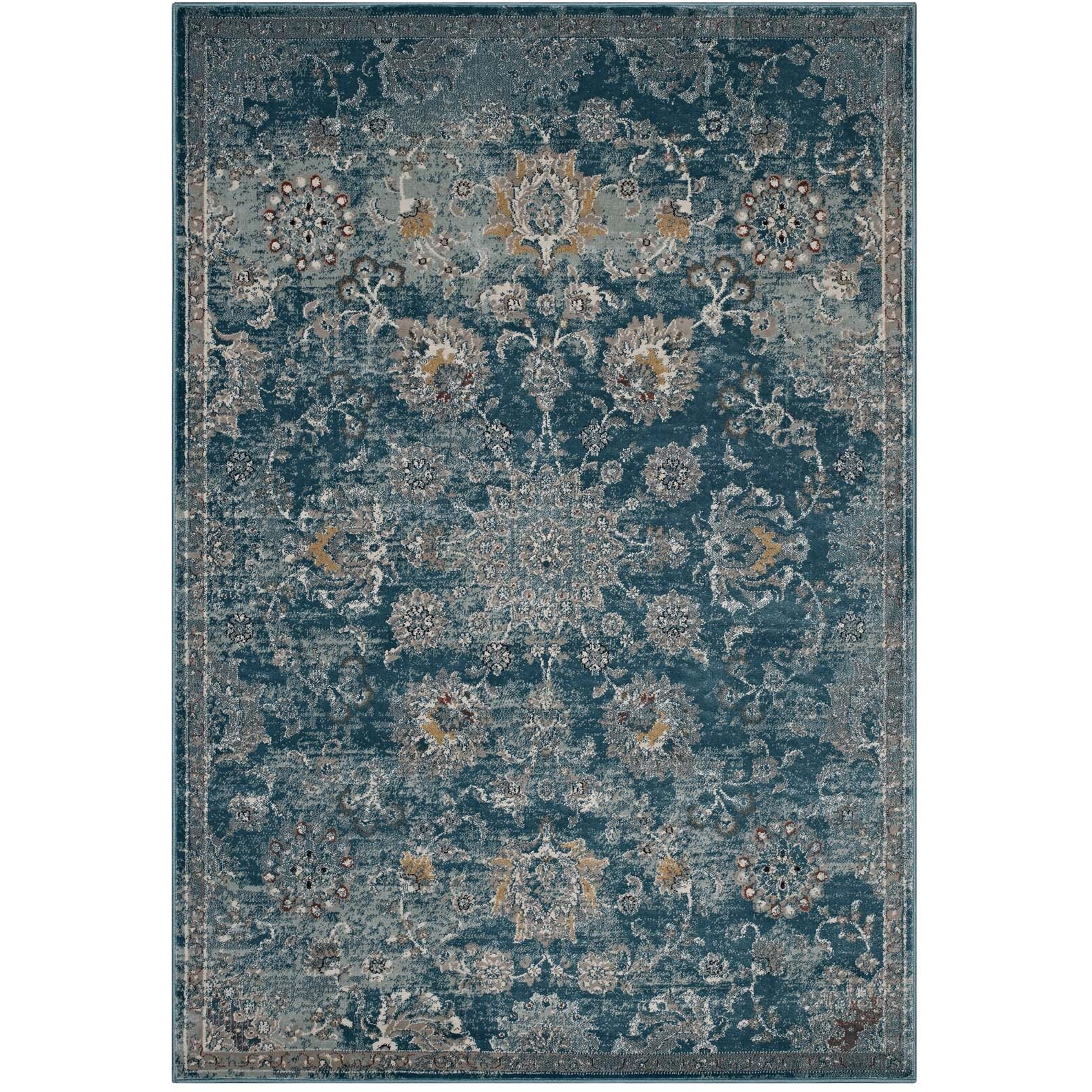 Cynara Distressed Floral PersianMedallion 5x8 Area Rug - Silver Blue, Teal and Beige