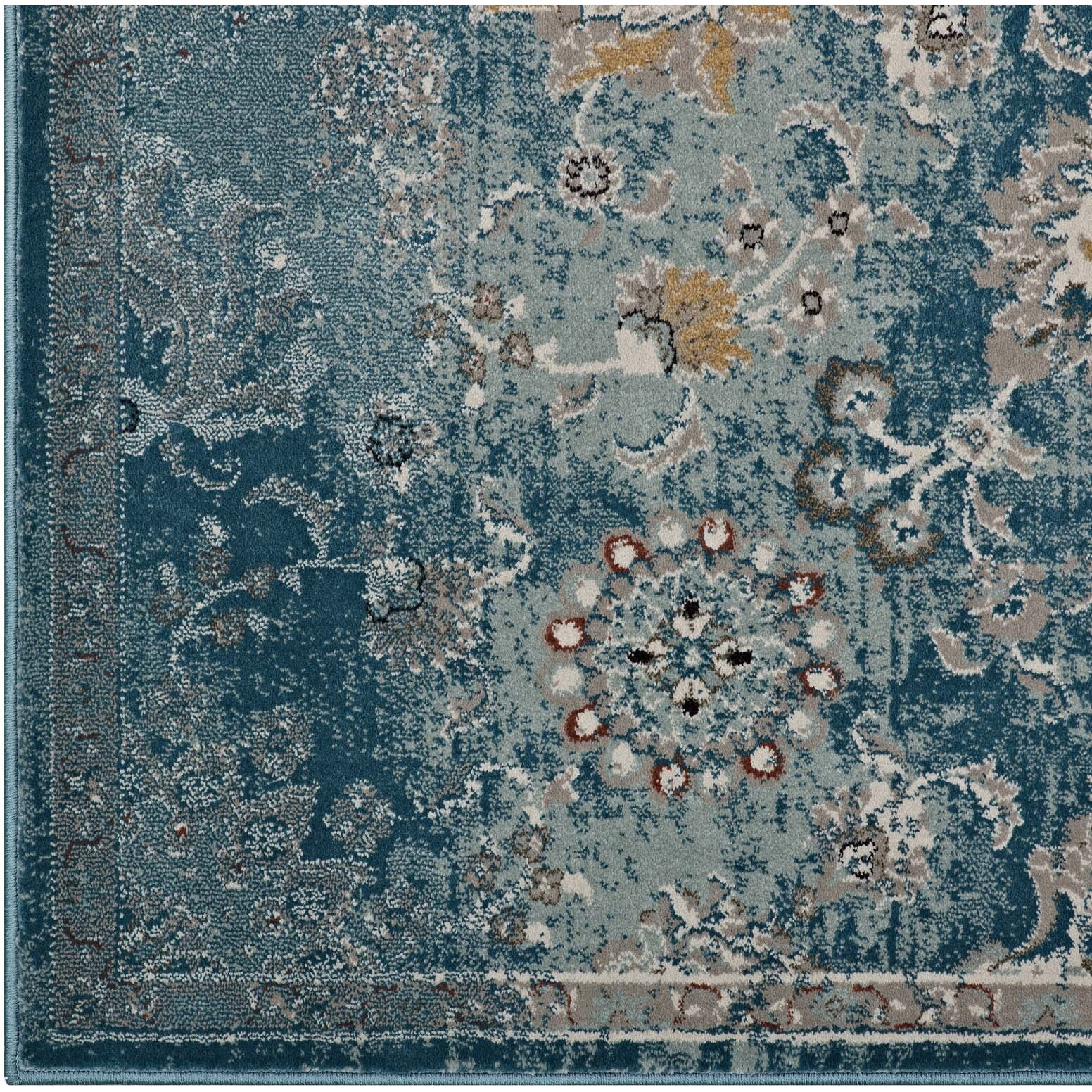 Cynara Distressed Floral PersianMedallion 5x8 Area Rug - Silver Blue, Teal and Beige