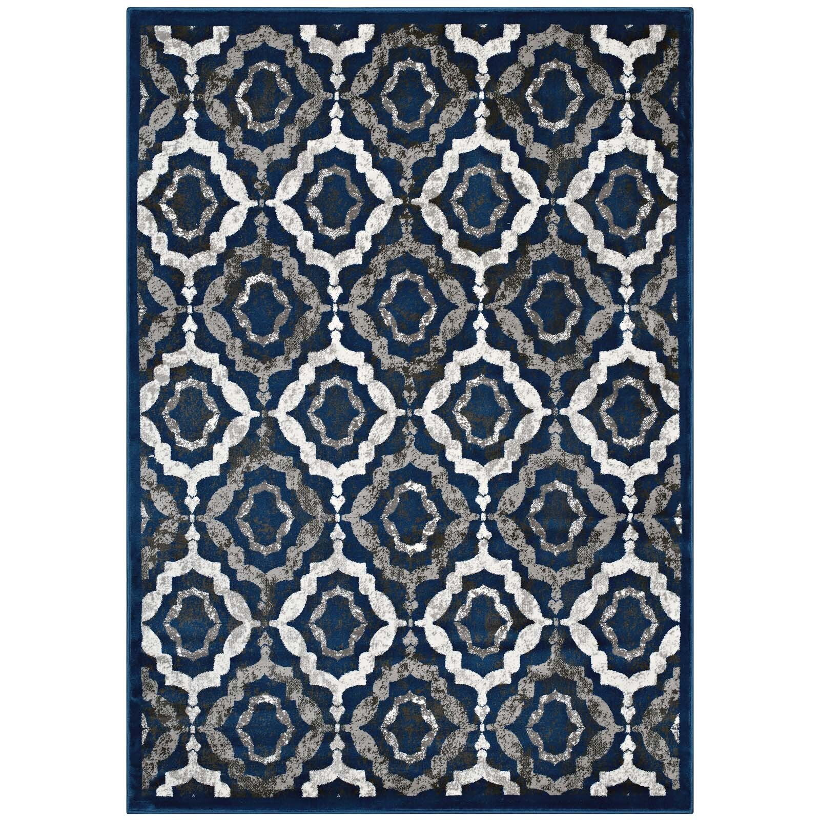 Kalinda Rustic Vintage Moroccan Trellis 5x8 Area Rug - Ivory, Moroccan Blue and Brown