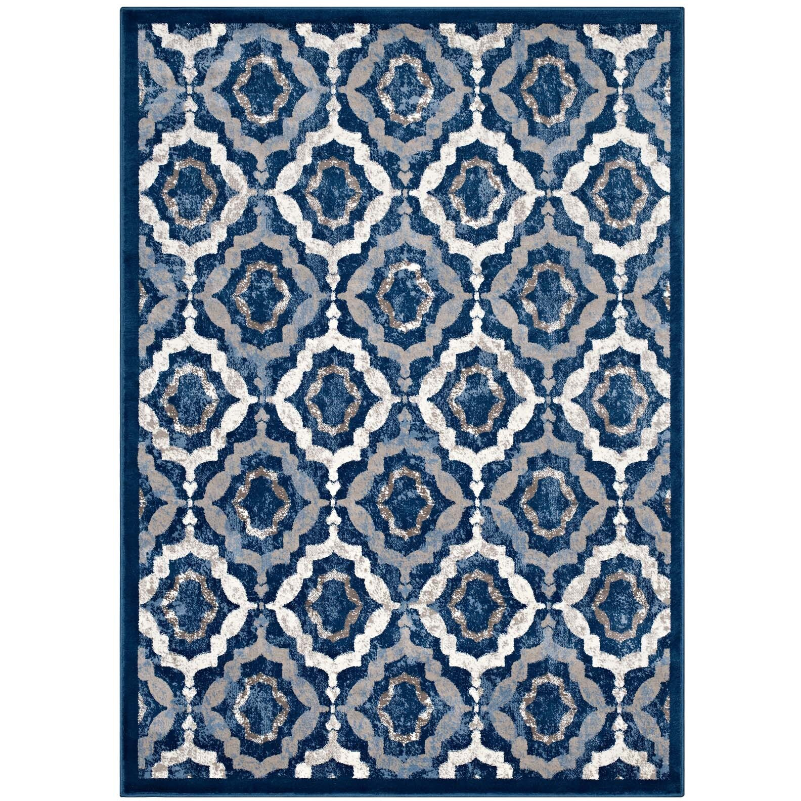 Kalinda Rustic Vintage Moroccan Trellis 5x8 Area Rug - Beige, Moroccan Blue and Ivory