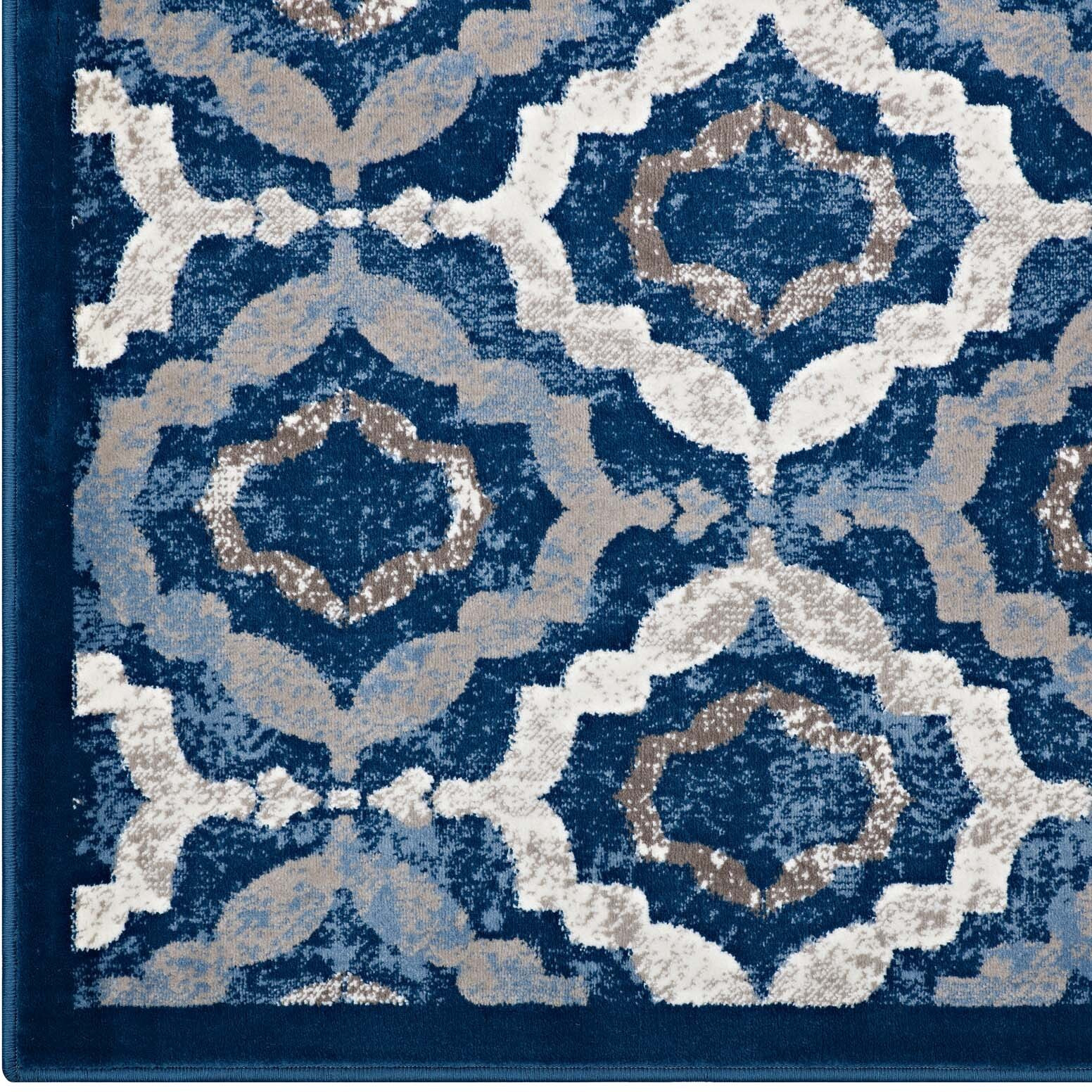 Kalinda Rustic Vintage Moroccan Trellis 5x8 Area Rug - Beige, Moroccan Blue and Ivory