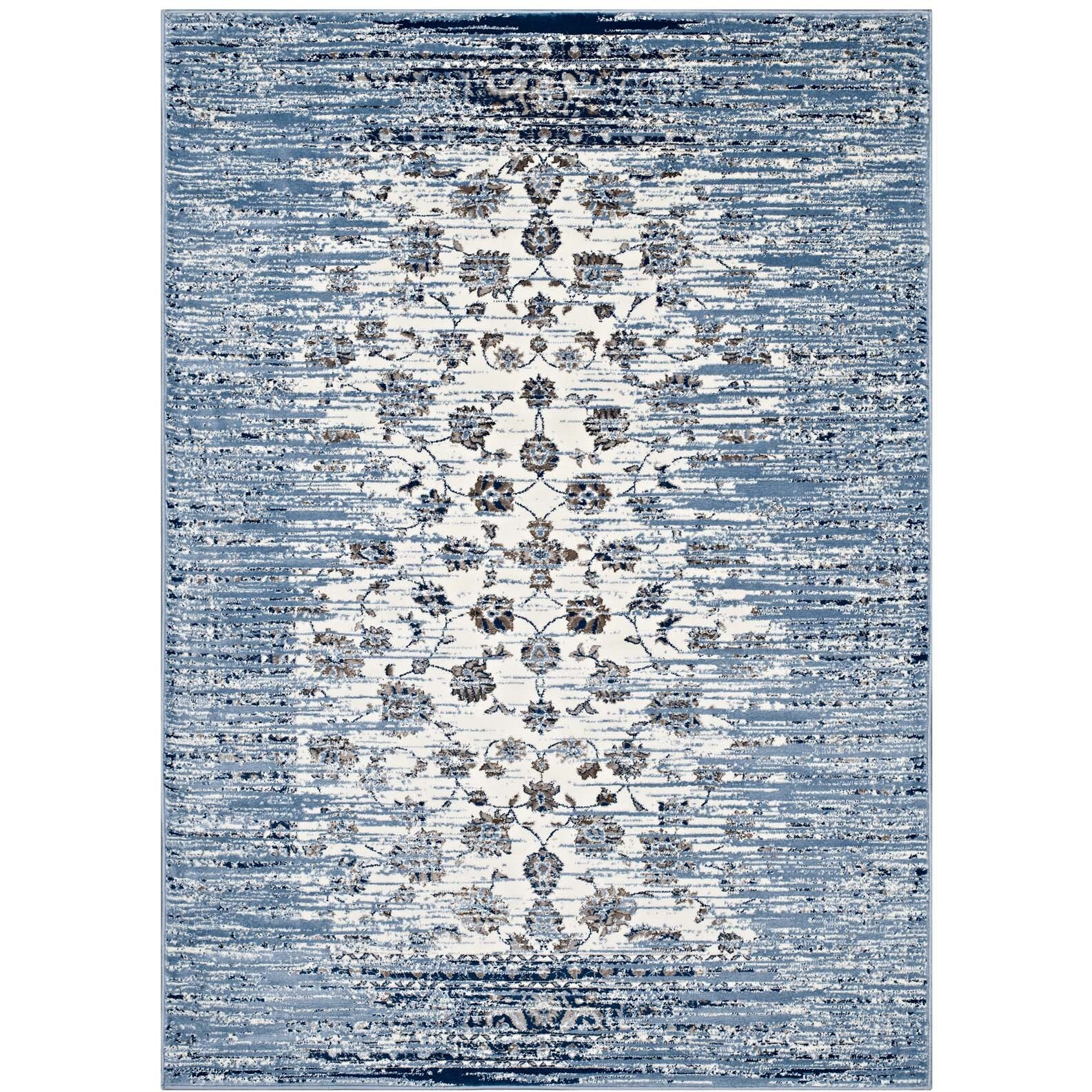 Chiara Distressed Floral Lattice Contemporary 8x10 Area Rug - Moroccan Blue and Ivory