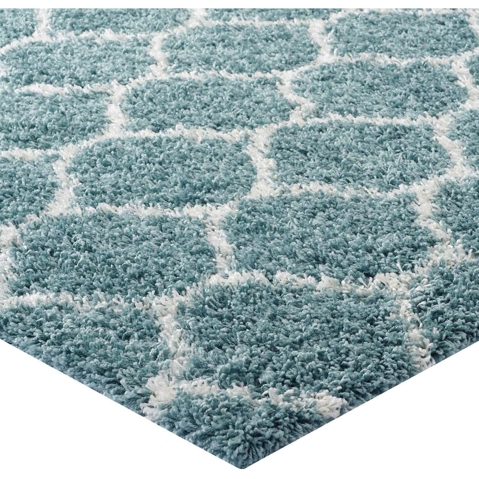 Solvea Moroccan Trellis 5x8 Shag Area Rug - Aqua Blue and Ivory
