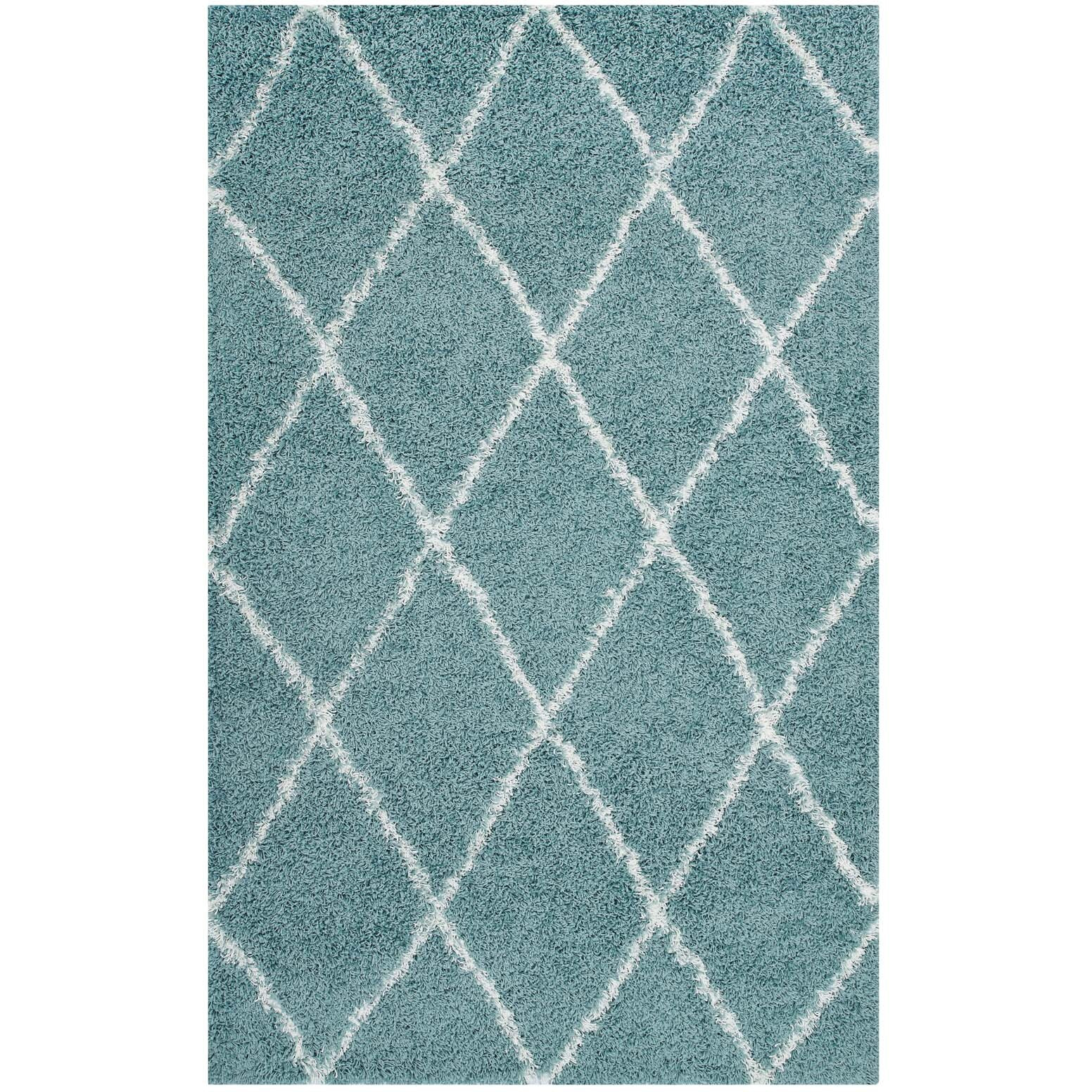 Toryn Diamond Lattice 5x8 Shag Area Rug - Aqua Blue and Ivory