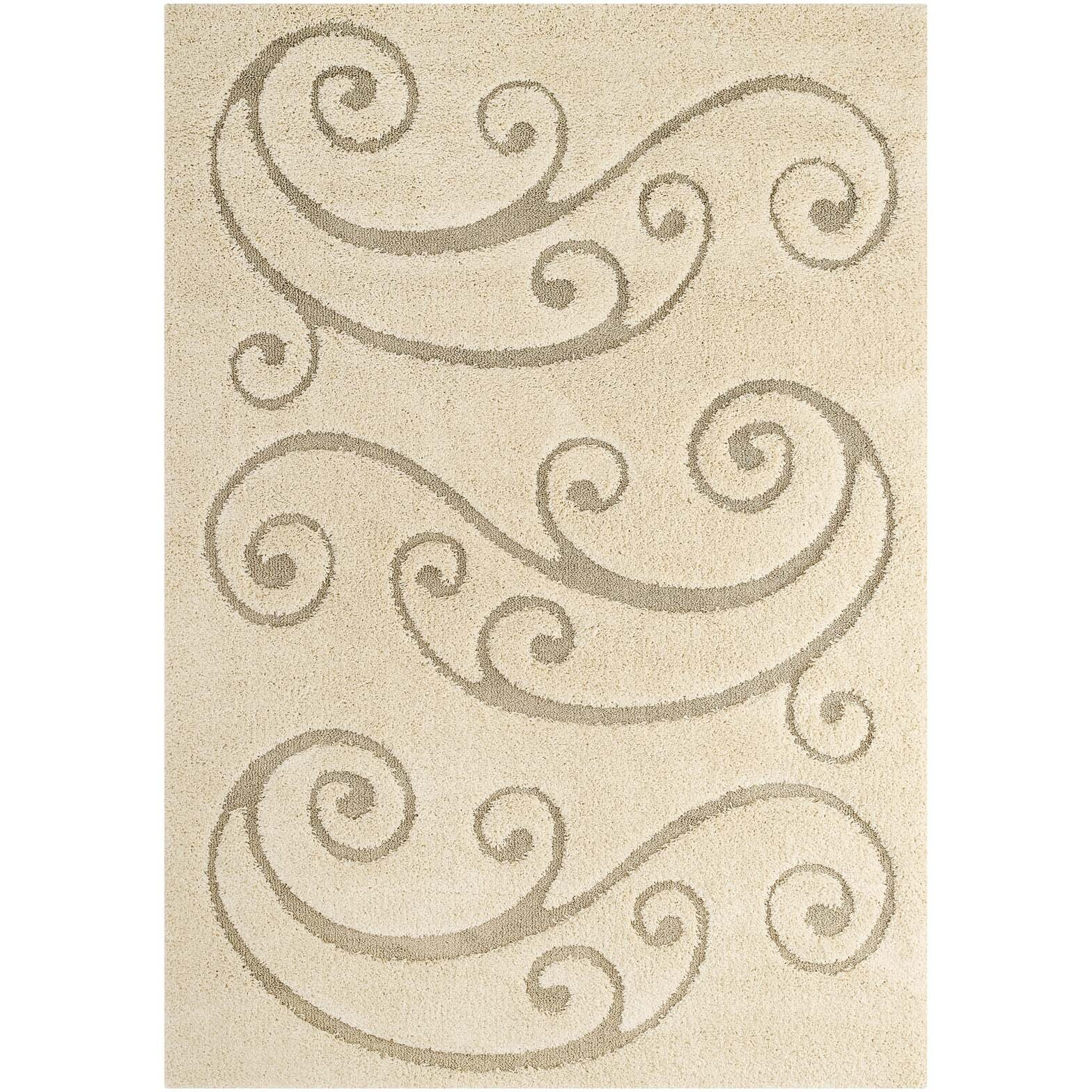 Jubilant Sprout Scrolling Vine 8x10 Shag Area Rug - Creame and Beige