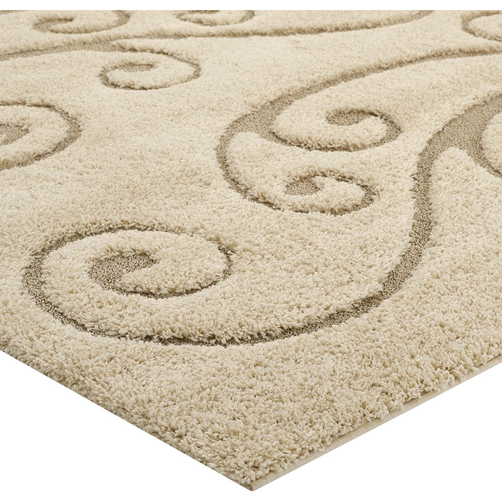 Jubilant Sprout Scrolling Vine 8x10 Shag Area Rug - Creame and Beige