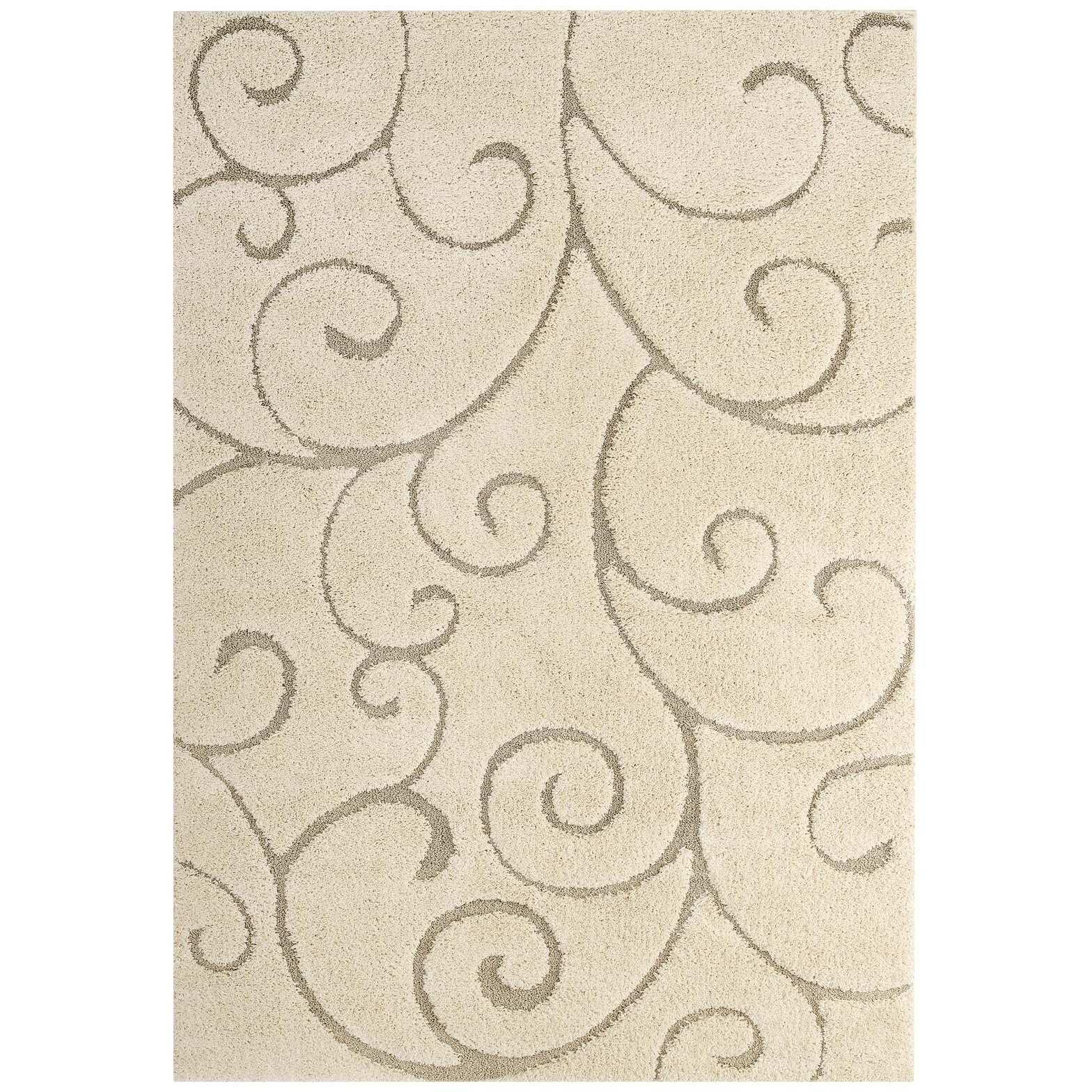 Jubilant Burgeon Scrolling Vine 5x8 Shag Area Rug - Creame and Beige