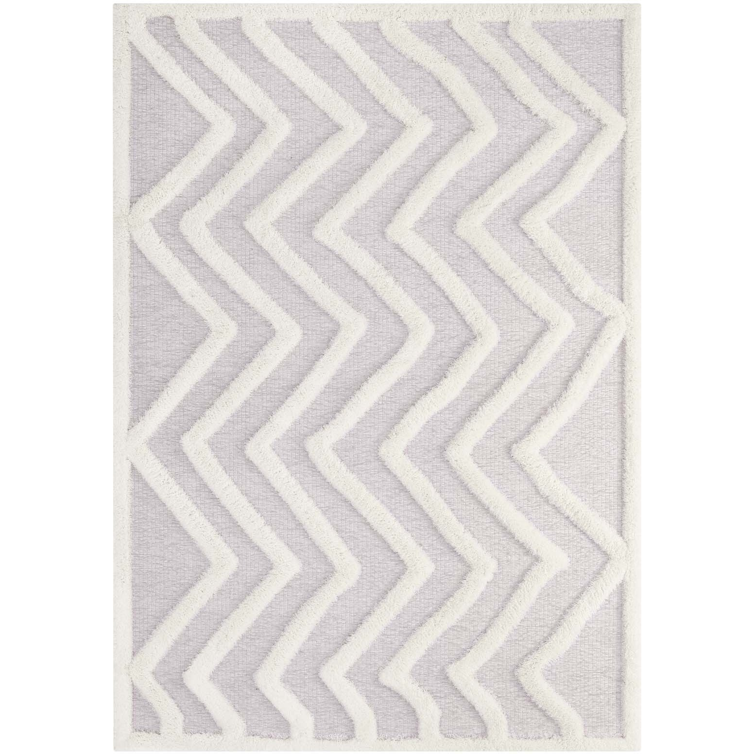 Whimsical Pathway Abstract Chevron 5x8 Shag Area Rug - Ivory and Light Gray