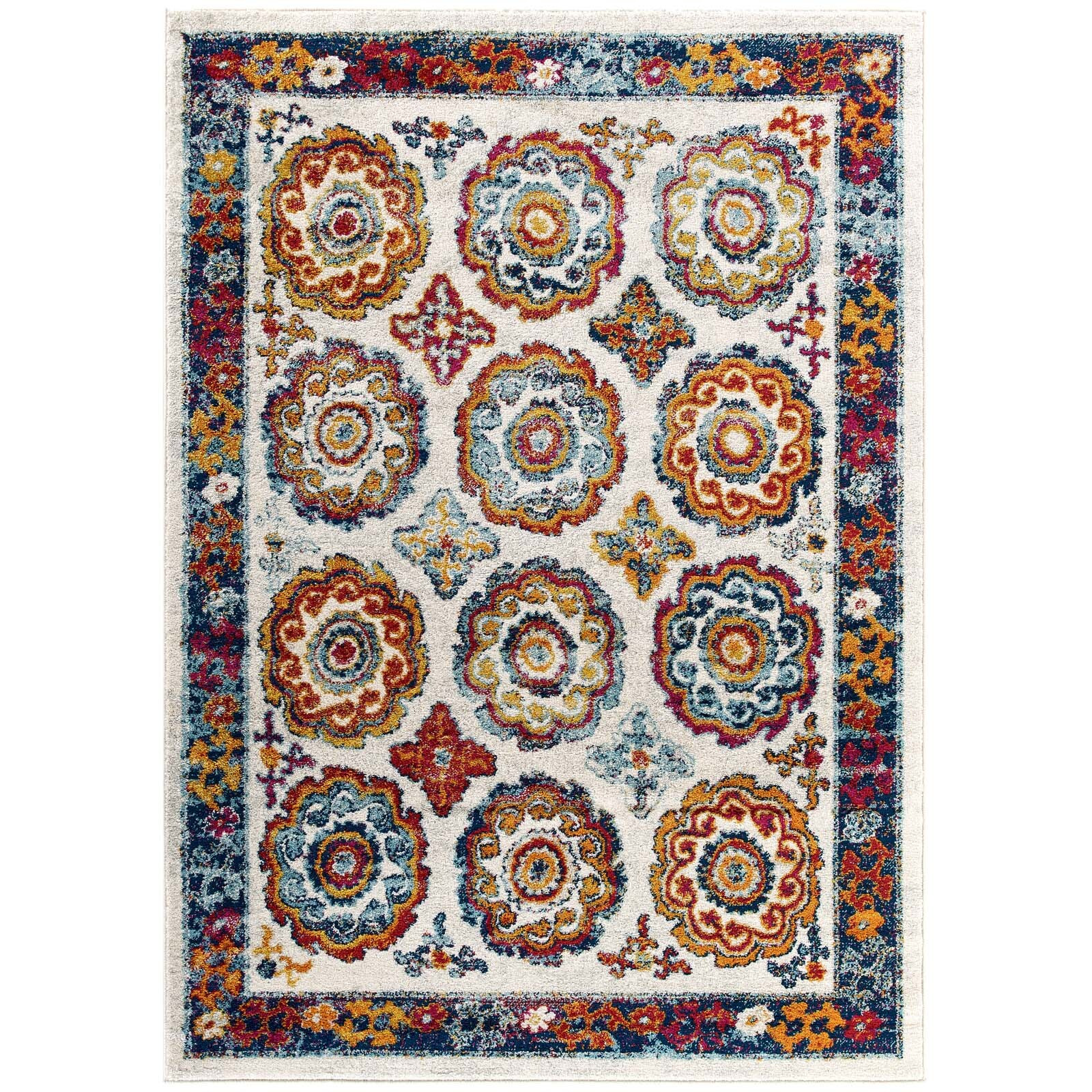 Entourage Odile Transitional Distressed Vintage Floral Moroccan Trellis 5x8 Area Rug - Ivory, Blue, Red, Orange, Yellow
