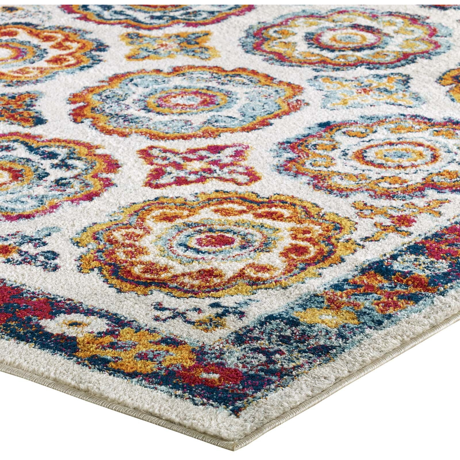 Entourage Odile Transitional Distressed Vintage Floral Moroccan Trellis 5x8 Area Rug - Ivory, Blue, Red, Orange, Yellow