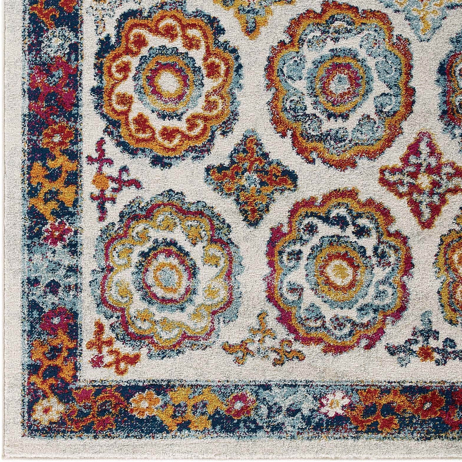 Entourage Odile Transitional Distressed Vintage Floral Moroccan Trellis 5x8 Area Rug - Ivory, Blue, Red, Orange, Yellow