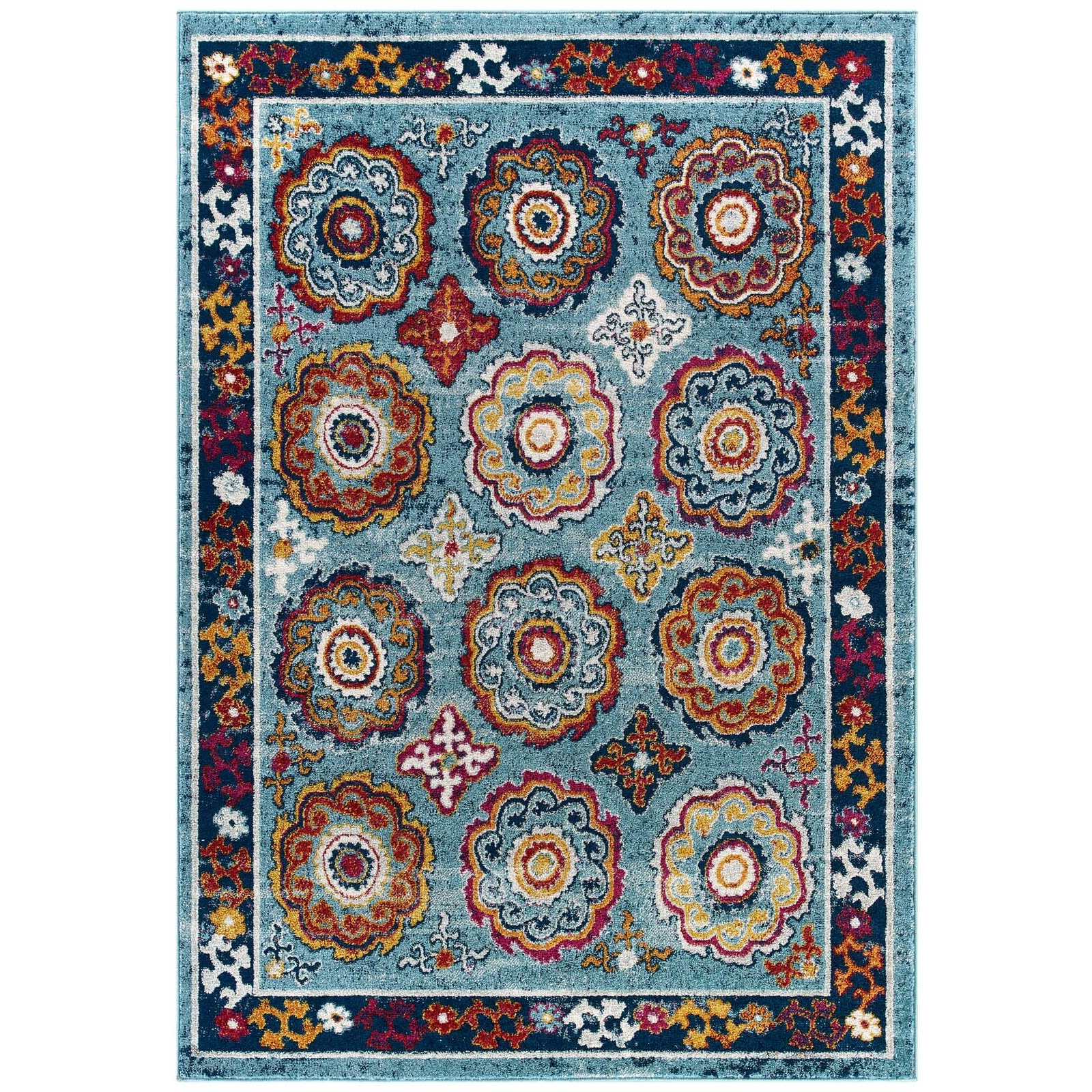 Entourage Odile Transitional Distressed Vintage Floral Moroccan Trellis 8x10 Area Rug - Blue, Red, Orange Yellow