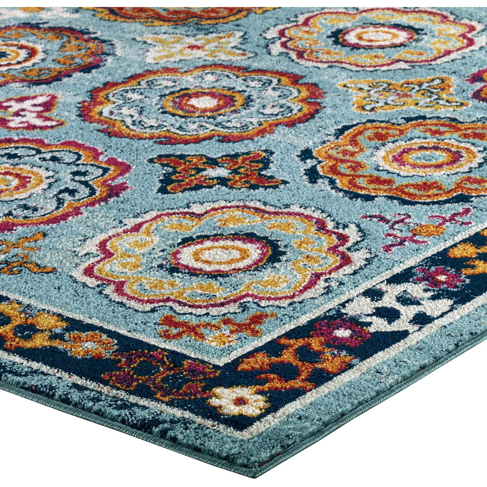 Entourage Odile Transitional Distressed Vintage Floral Moroccan Trellis 8x10 Area Rug - Blue, Red, Orange Yellow