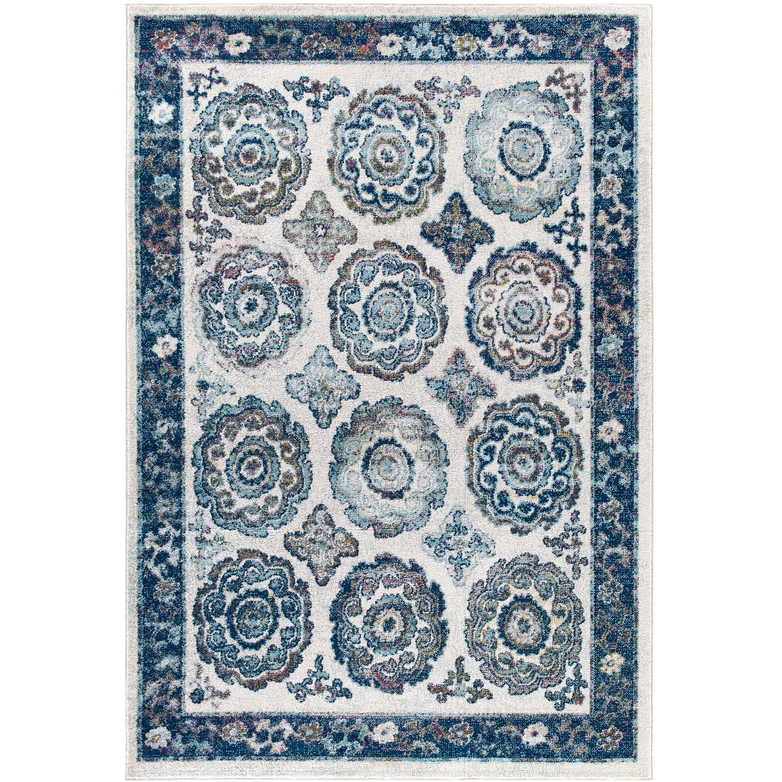 Entourage Odile Transitional Distressed Vintage Floral Moroccan Trellis 5x8 Area Rug - Ivory and Blue