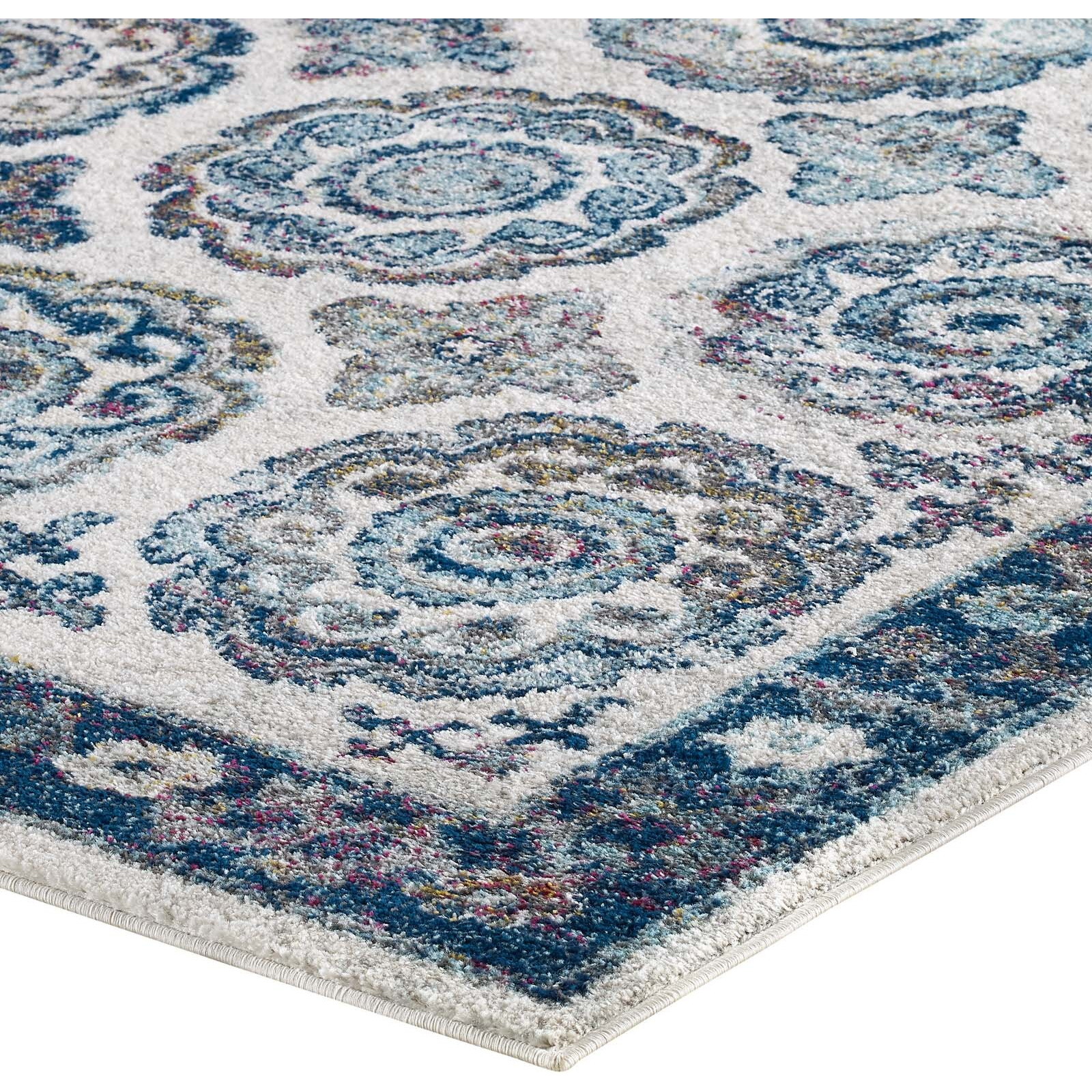 Entourage Odile Transitional Distressed Vintage Floral Moroccan Trellis 5x8 Area Rug - Ivory and Blue