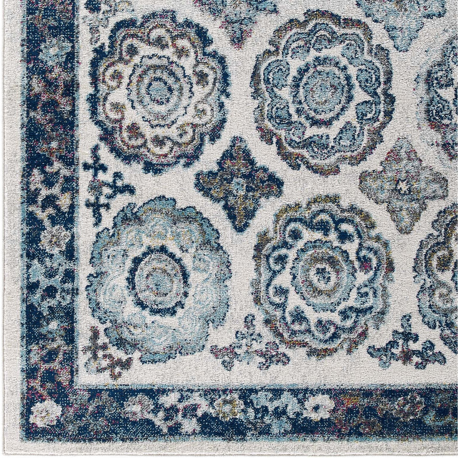 Entourage Odile Transitional Distressed Vintage Floral Moroccan Trellis 8x10 Area Rug - Ivory and Blue