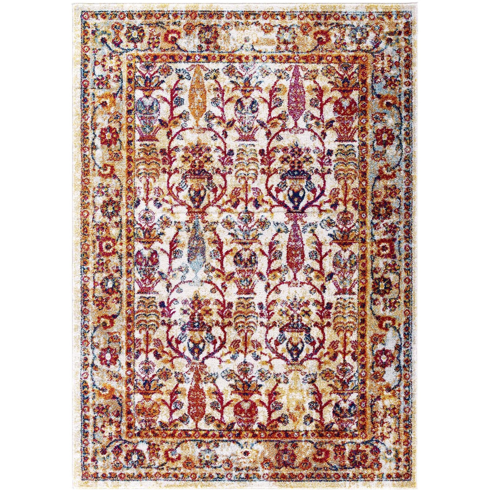 Entourage Jessa Distressed Vintage Floral Lattice 5x8 Area Rug - Ivory, Blue, Orange, Yellow, Red
