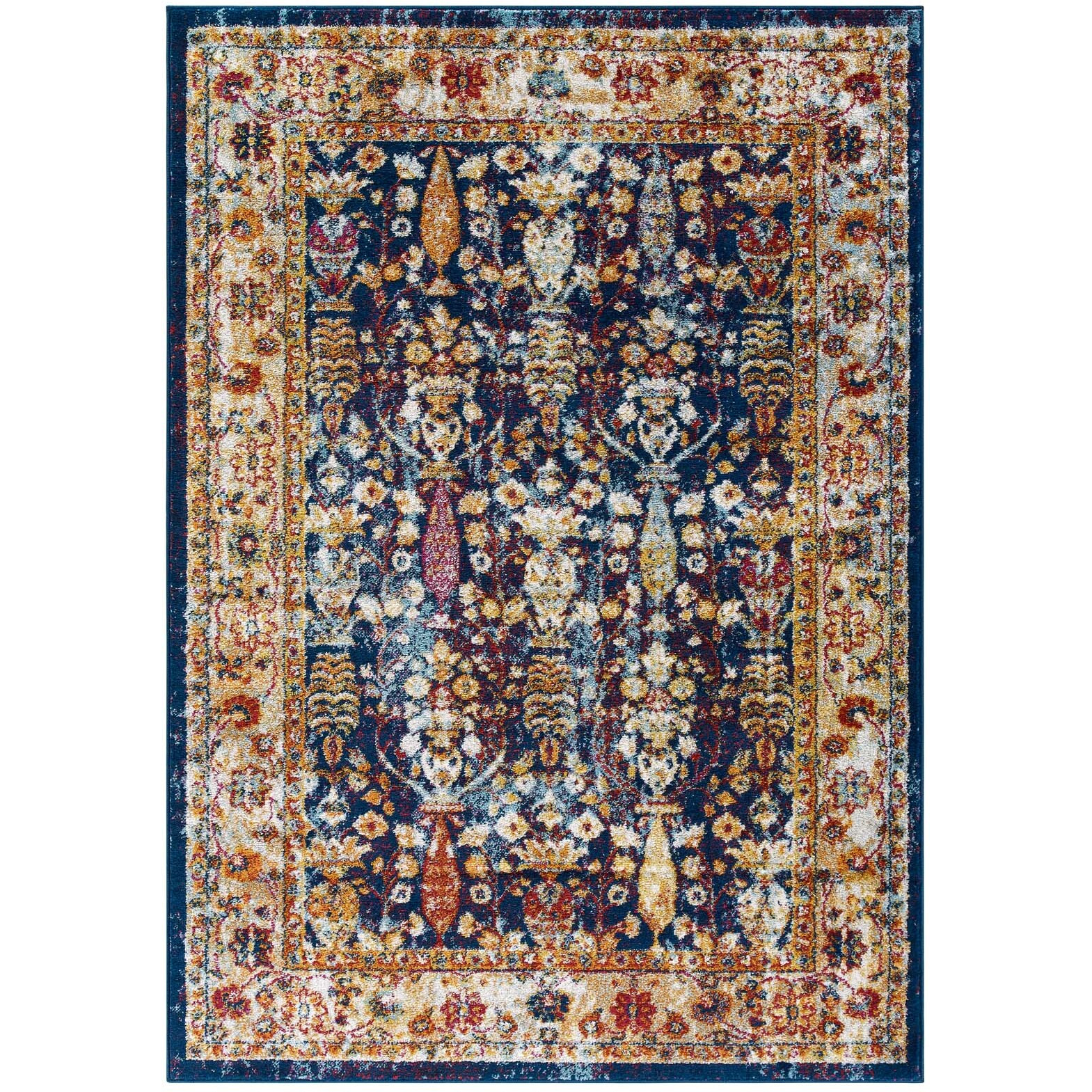 Entourage Jessa Distressed Vintage Floral Lattice 5x8 Area Rug - Blue, Orange, Yellow, Red
