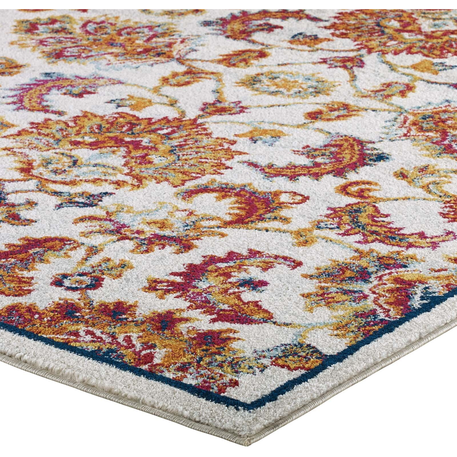 Entourage Azami Distressed Vintage Floral Lattice 5x8 Area Rug - Ivory, Blue, Orange, Yellow, Red