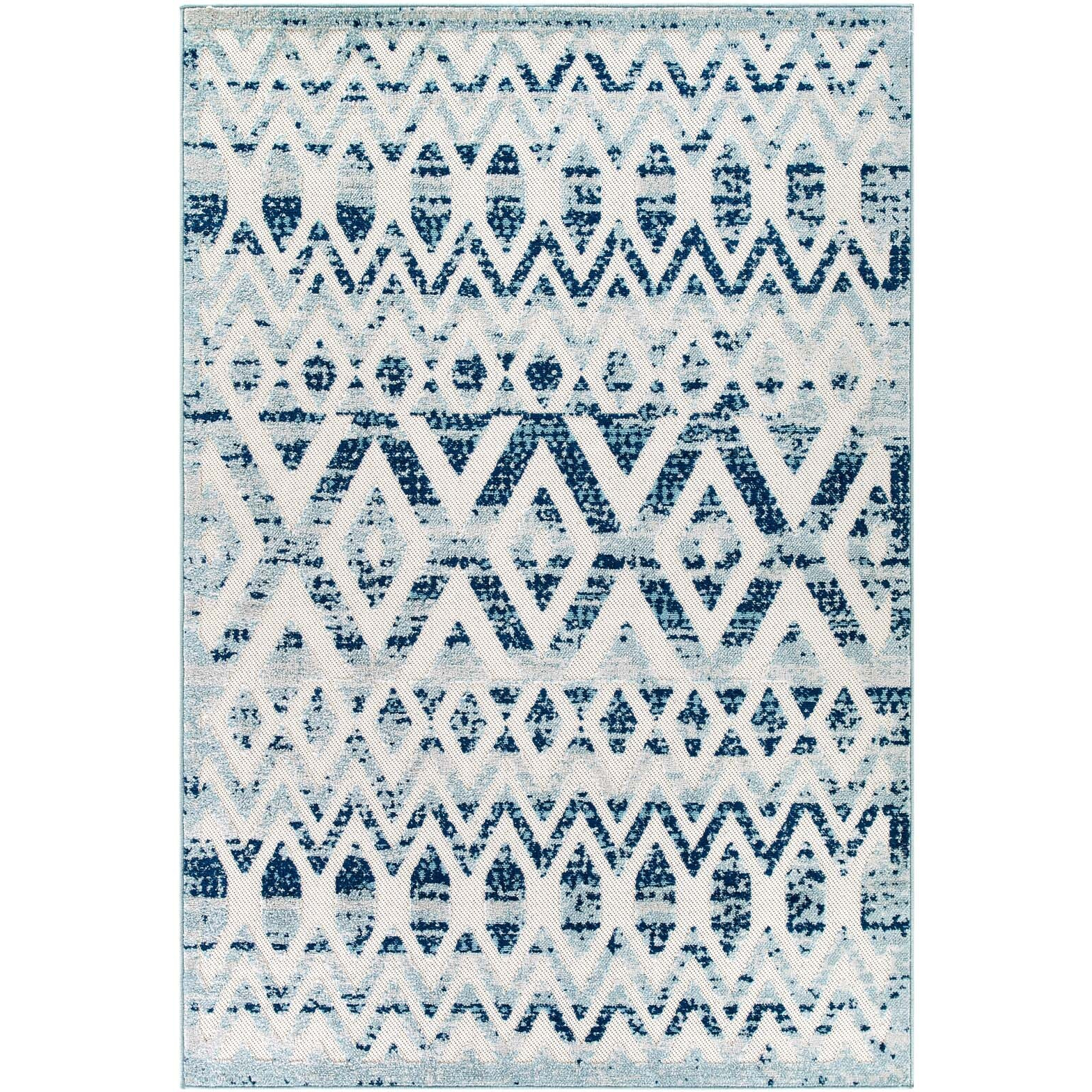 Reflect Tamako Distressed Vintage Diamond and Chevron Moroccan Trellis 5x8 Indoor and Outdoor Area Rug - Ivory and Blue