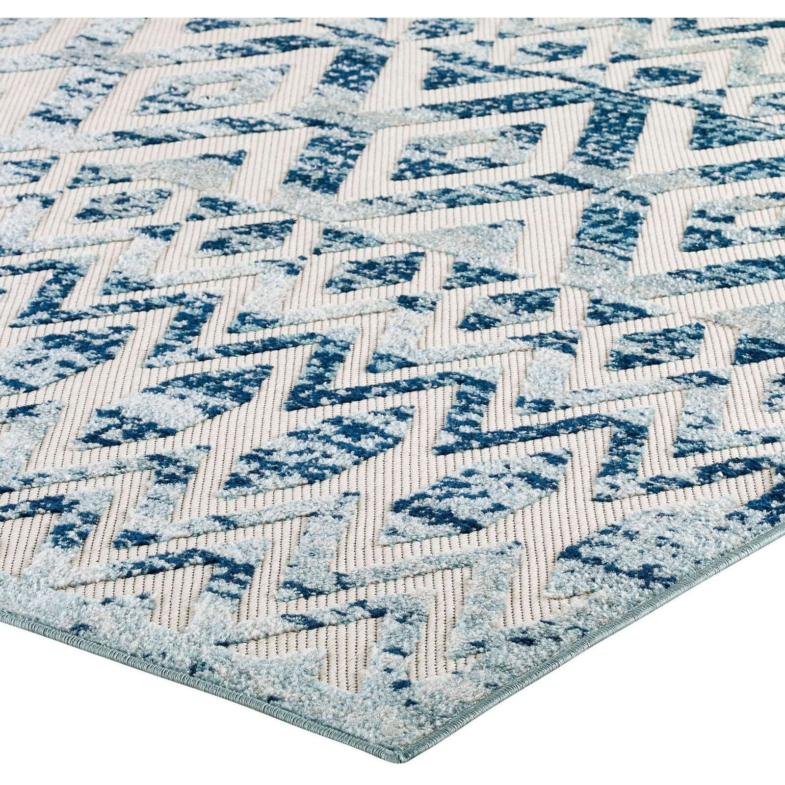 Reflect Tamako Distressed Vintage Diamond and Chevron Moroccan Trellis 5x8 Indoor and Outdoor Area Rug - Ivory and Blue