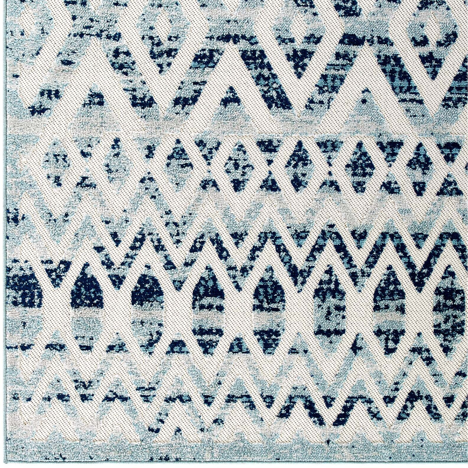 Reflect Tamako Distressed Vintage Diamond and Chevron Moroccan Trellis 5x8 Indoor and Outdoor Area Rug - Ivory and Blue