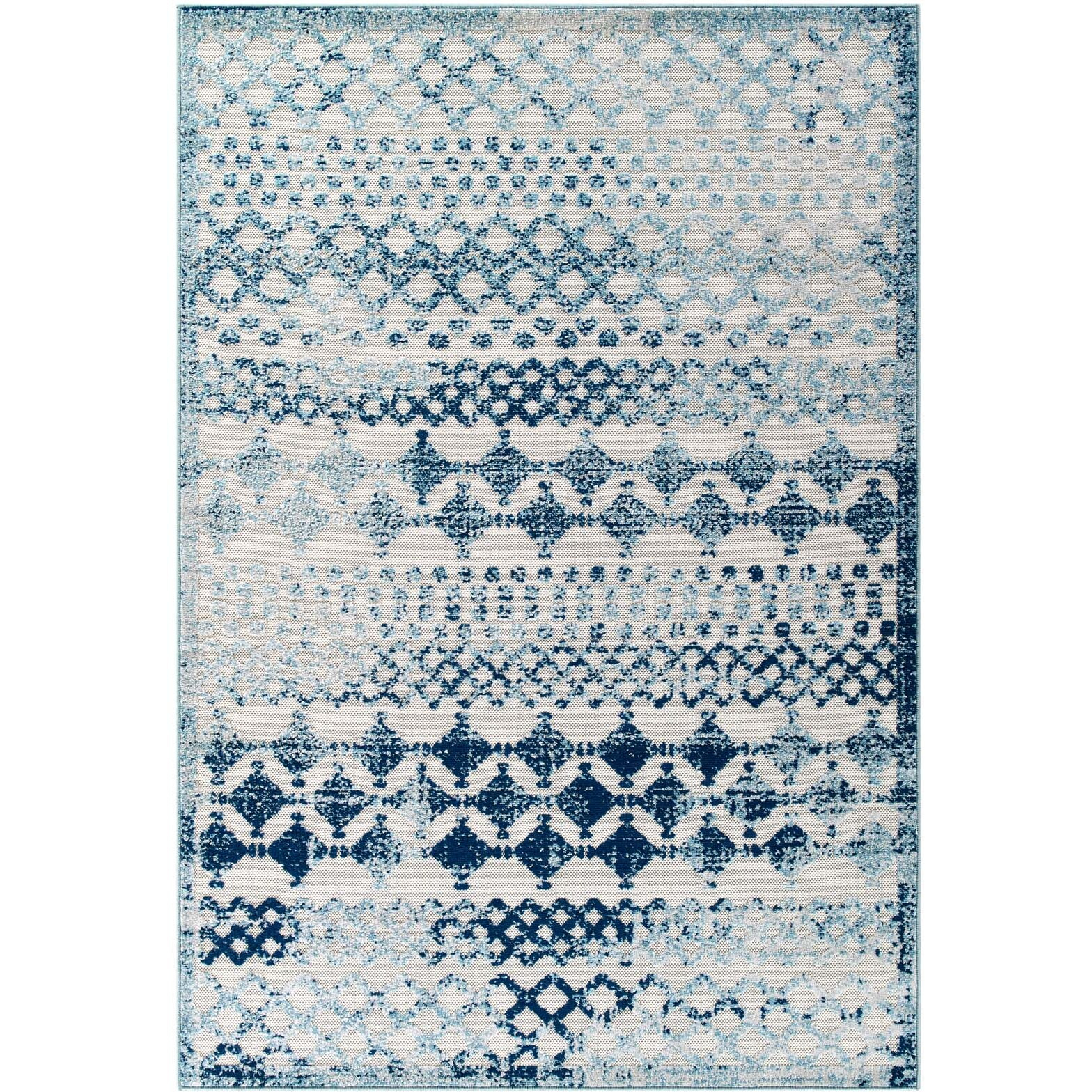 Reflect Giada Distressed Vintage Abstract Diamond Moroccan Trellis 5x8 Indoor and Outdoor Area Rug - Ivory and Blue