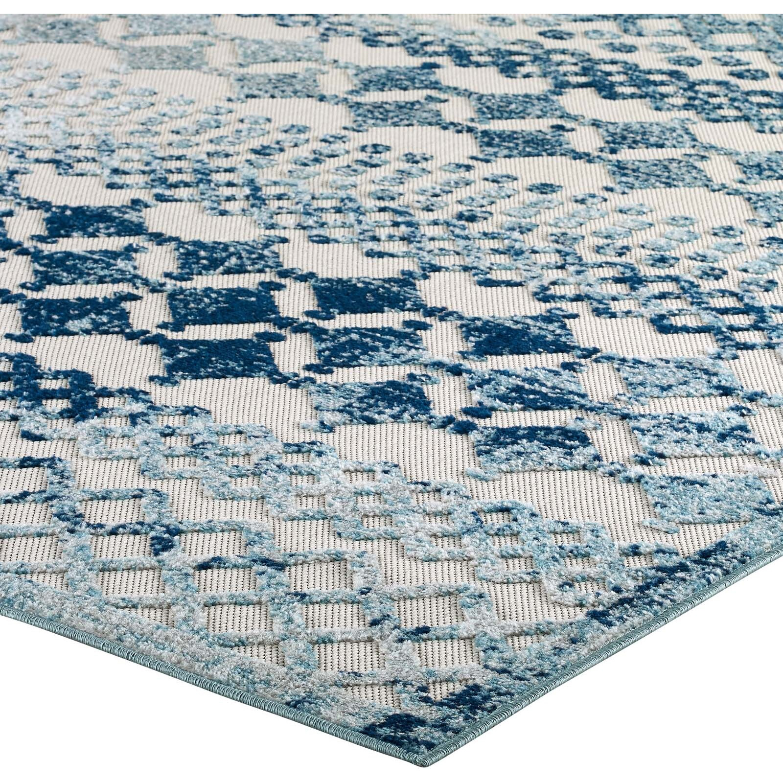 Reflect Giada Distressed Vintage Abstract Diamond Moroccan Trellis 5x8 Indoor and Outdoor Area Rug - Ivory and Blue