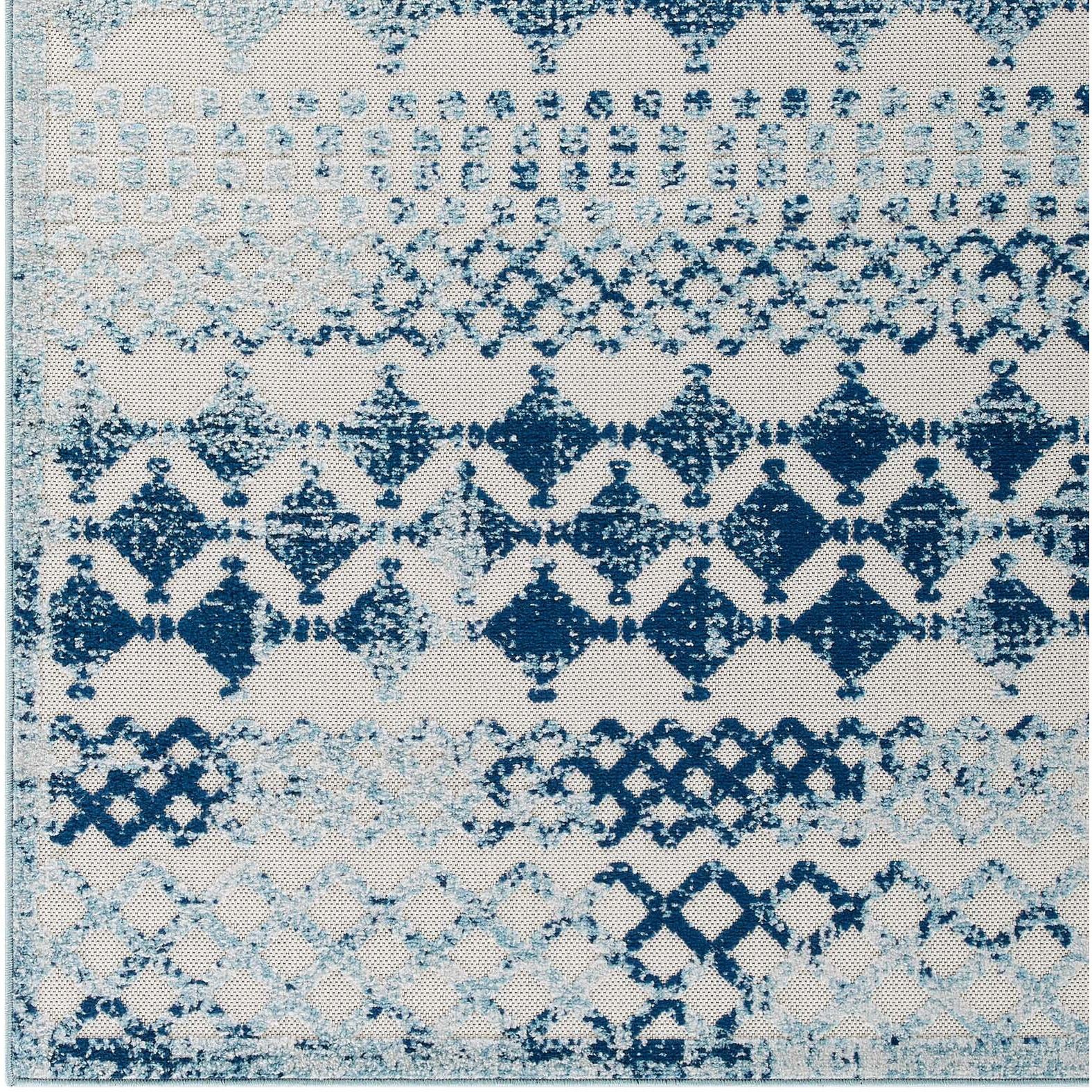 Reflect Giada Distressed Vintage Abstract Diamond Moroccan Trellis 5x8 Indoor and Outdoor Area Rug - Ivory and Blue