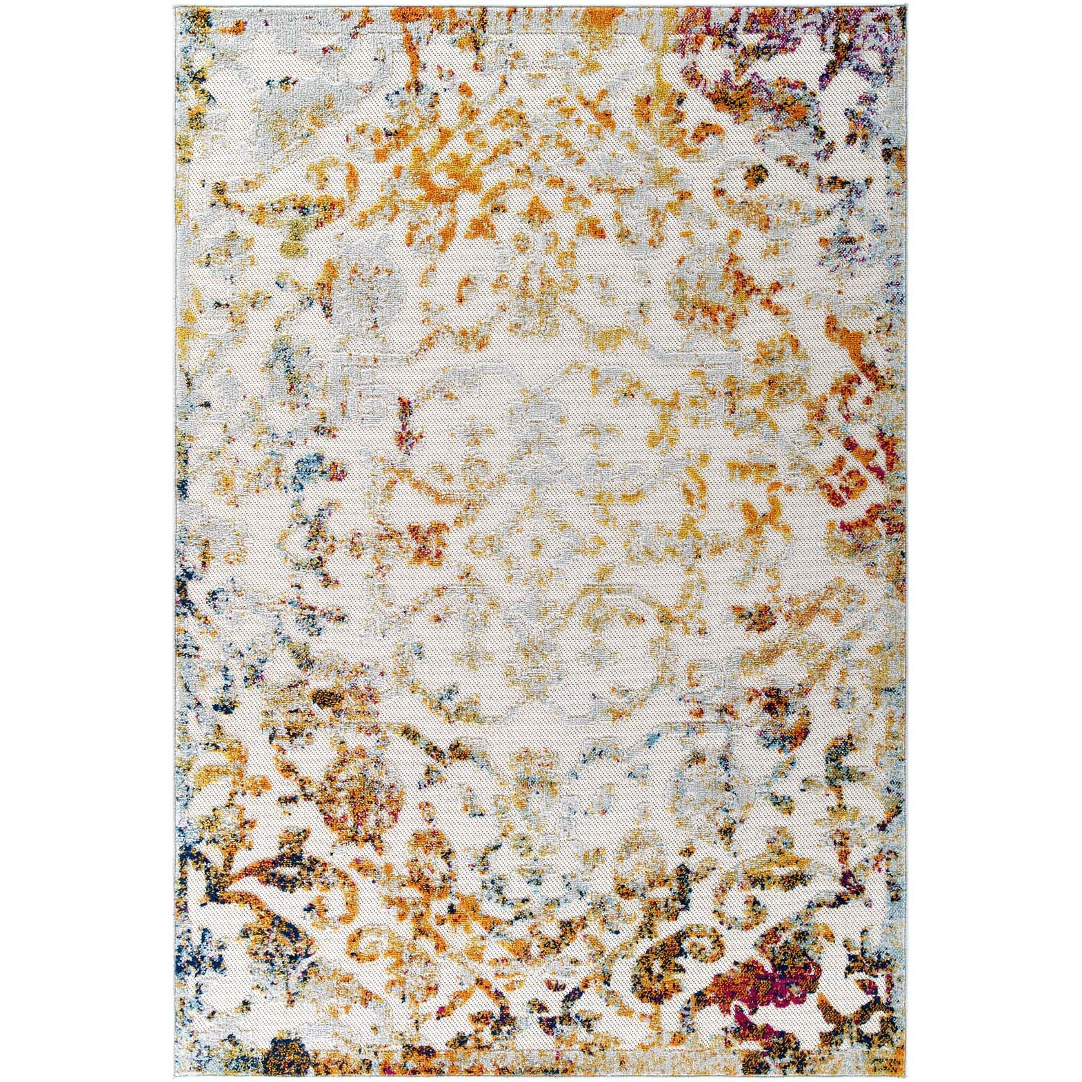 Reflect Primrose Distressed Vintage Ornate Floral Lattice 5x8 Indoor and Outdoor Area Rug - Ivory, Light Blue, Multicolored