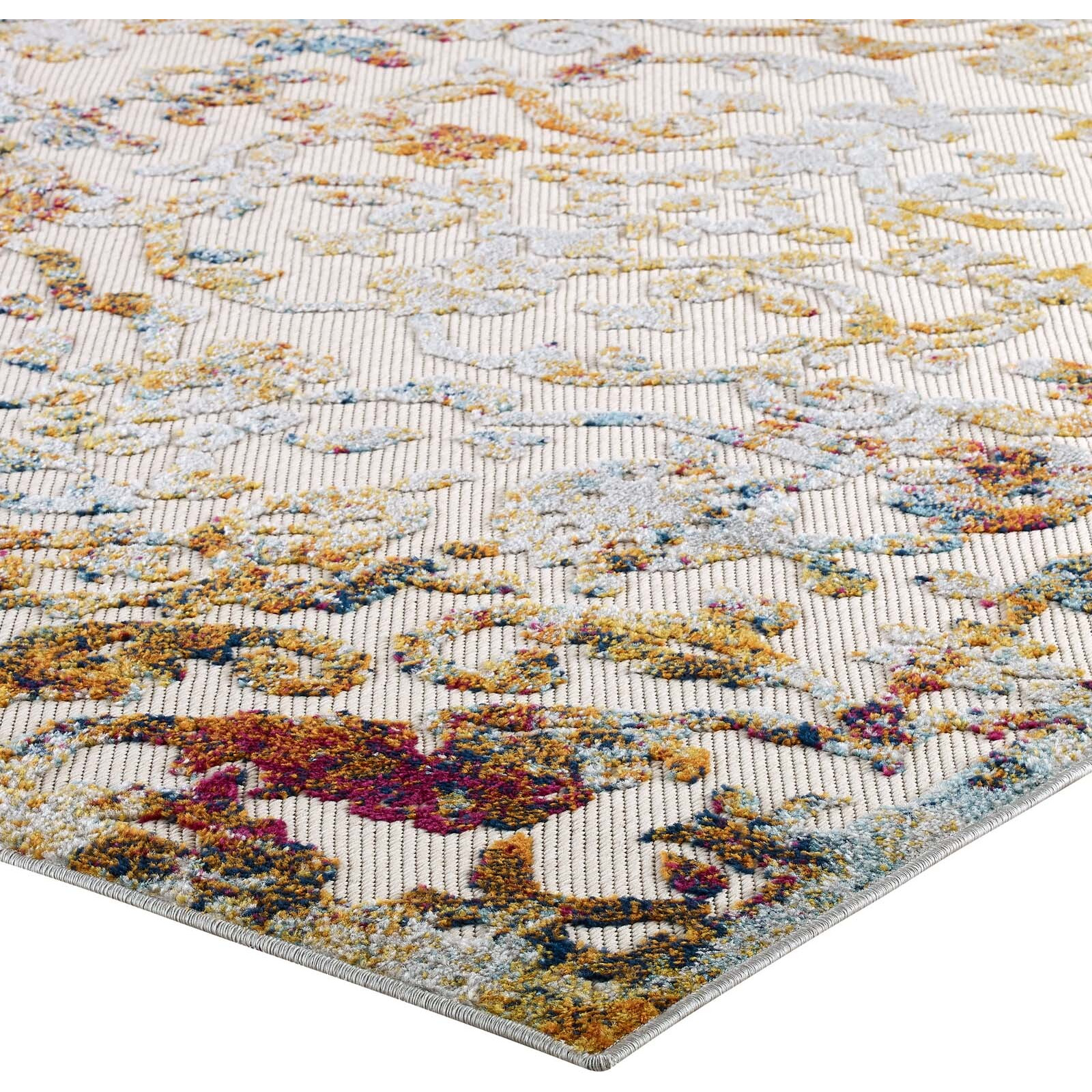 Reflect Primrose Distressed Vintage Ornate Floral Lattice 5x8 Indoor and Outdoor Area Rug - Ivory, Light Blue, Multicolored