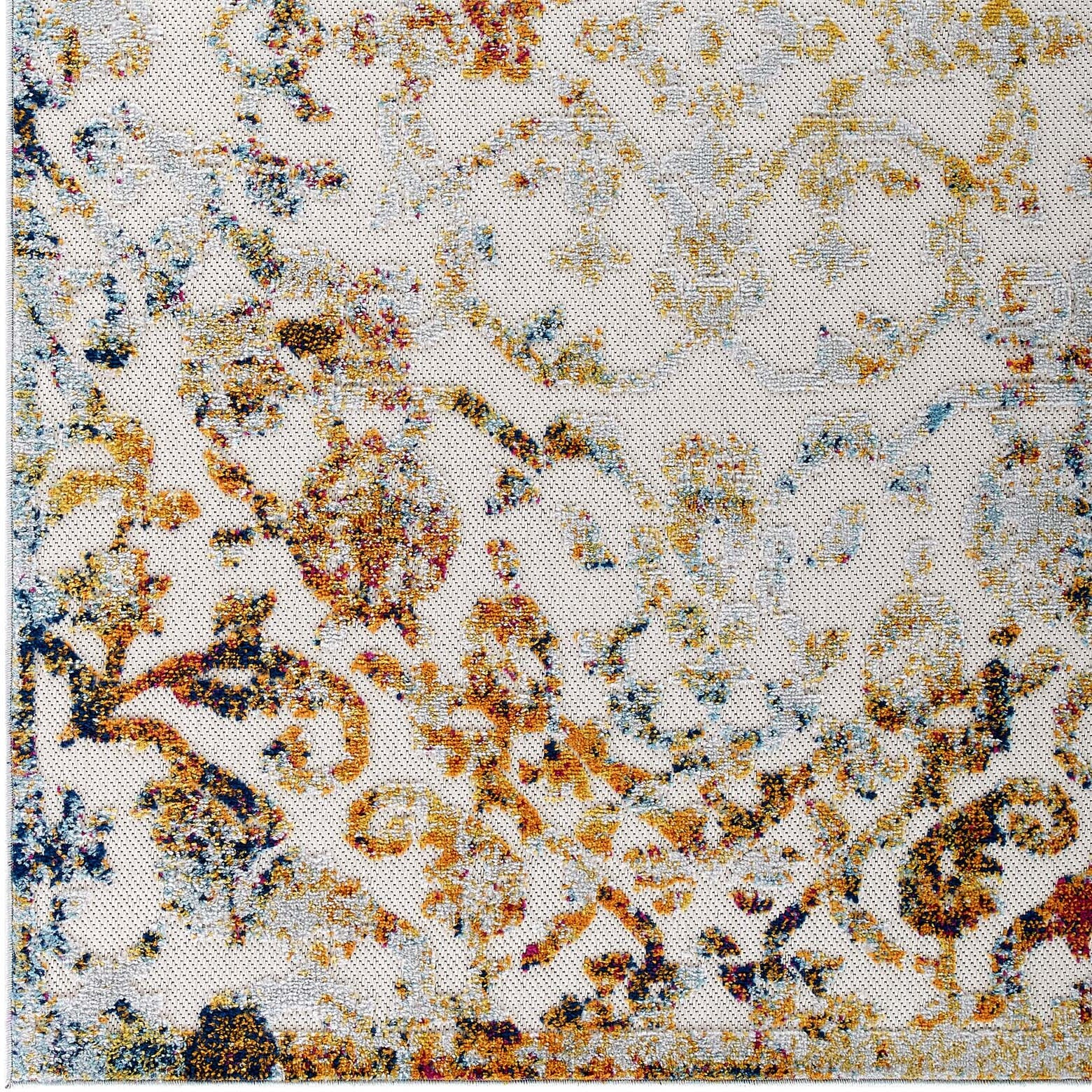 Reflect Primrose Distressed Vintage Ornate Floral Lattice 5x8 Indoor and Outdoor Area Rug - Ivory, Light Blue, Multicolored