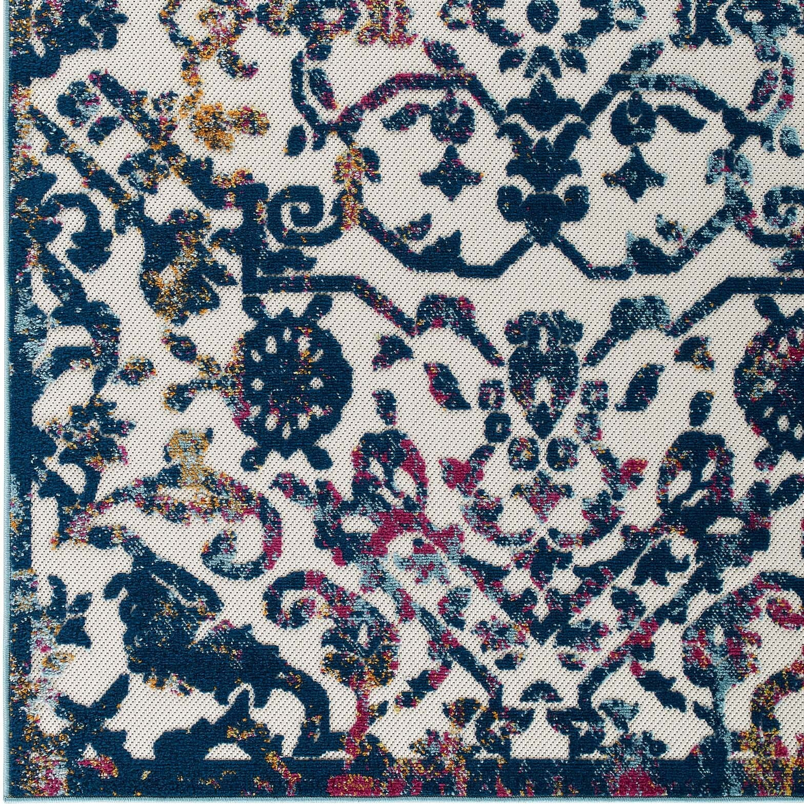 Reflect Primrose Distressed Vintage Ornate Floral Lattice 5x8 Indoor and Outdoor Area Rug - Ivory, Dark Blue, Multicolored