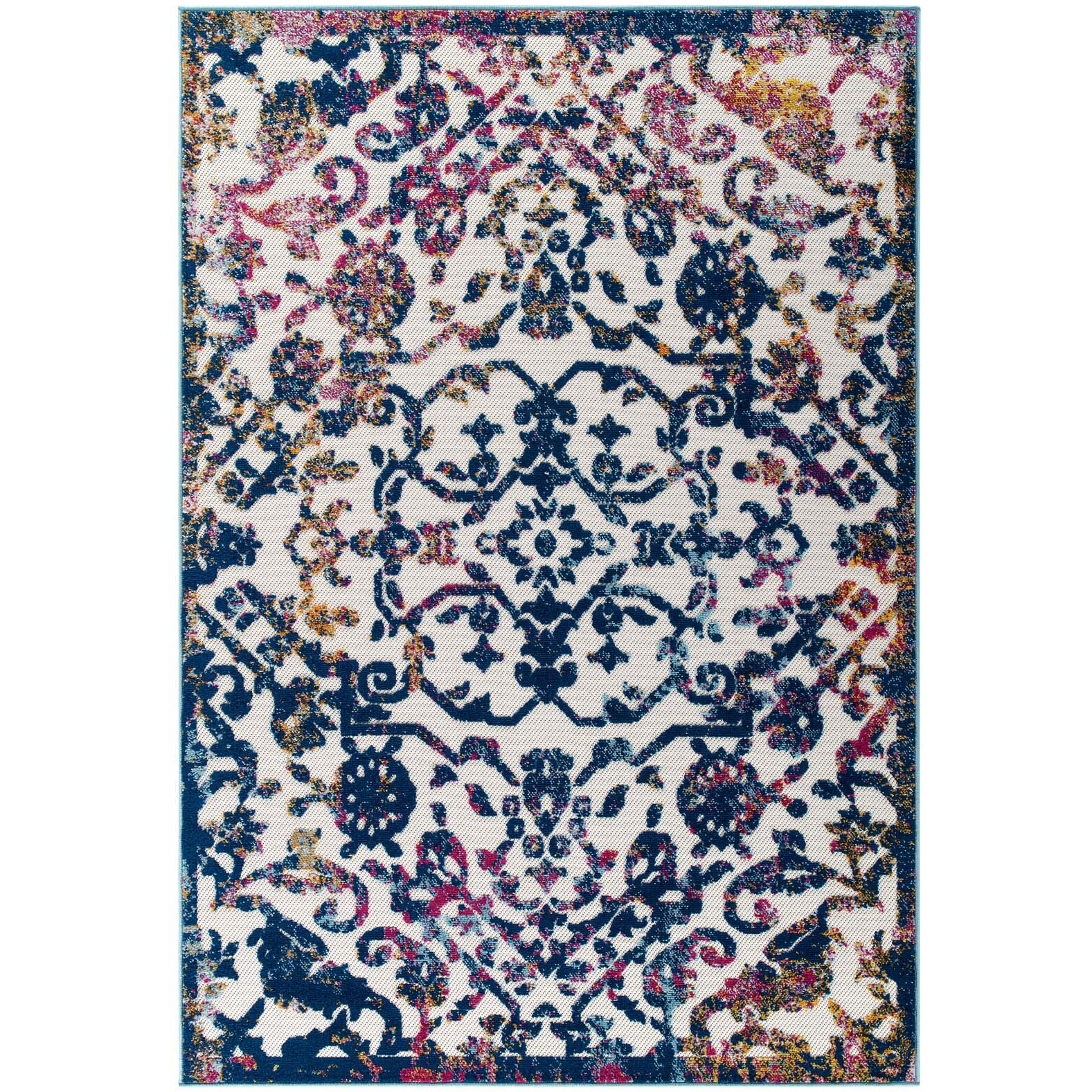 Reflect Primrose Distressed Vintage Ornate Floral Lattice 8x10 Indoor and Outdoor Area Rug - Ivory, Dark Blue, Multicolored