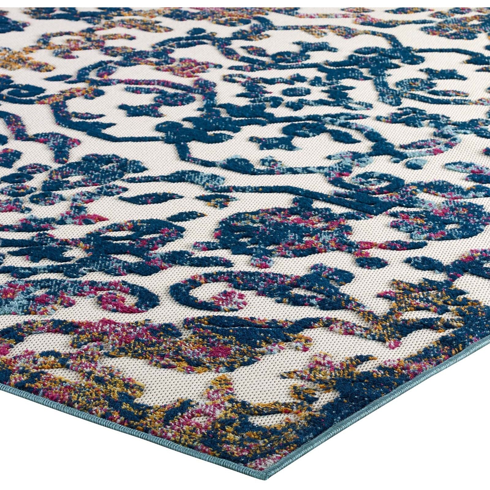 Reflect Primrose Distressed Vintage Ornate Floral Lattice 8x10 Indoor and Outdoor Area Rug - Ivory, Dark Blue, Multicolored