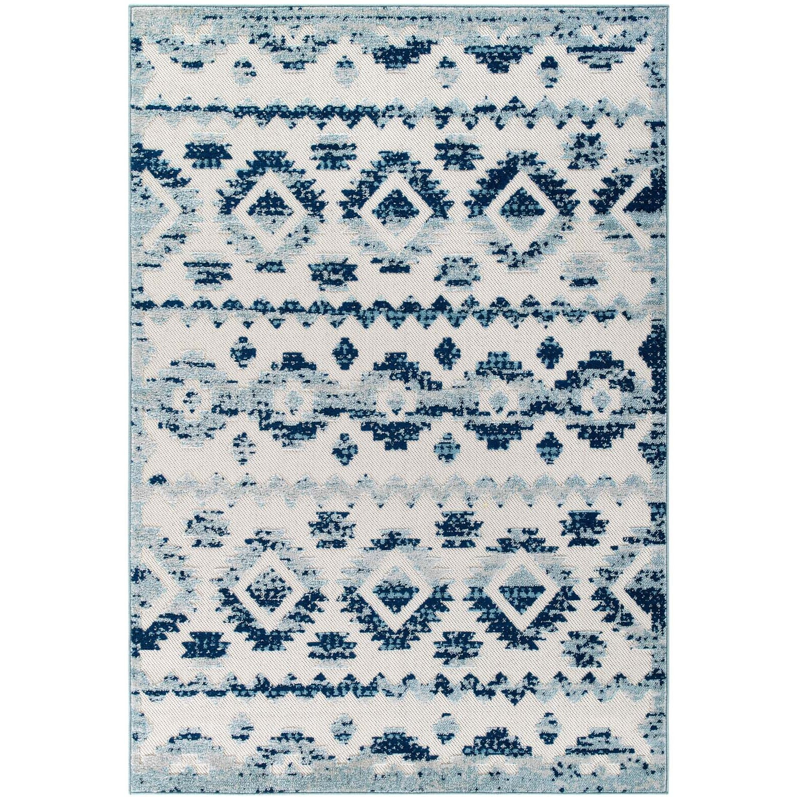 Reflect Takara Distressed Contemporary Abstract Diamond Moroccan Trellis 8x10 Indoor and Outdoor Area Rug - Ivory and Blue