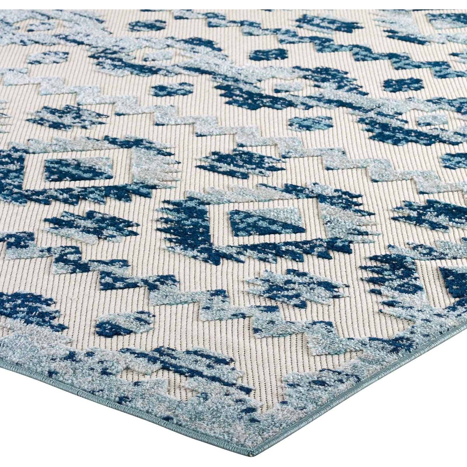 Reflect Takara Distressed Contemporary Abstract Diamond Moroccan Trellis 8x10 Indoor and Outdoor Area Rug - Ivory and Blue