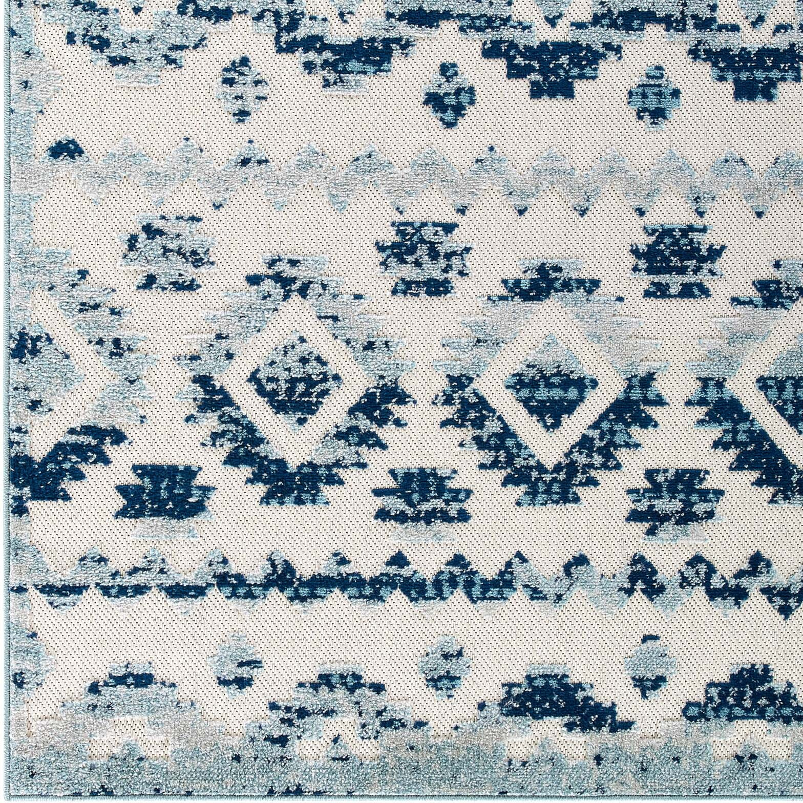 Reflect Takara Distressed Contemporary Abstract Diamond Moroccan Trellis 8x10 Indoor and Outdoor Area Rug - Ivory and Blue