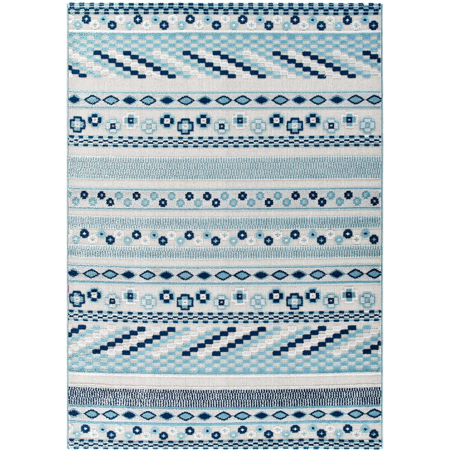 Reflect Cadhla Vintage Abstract Geometric Lattice 8x10 Indoor and Outdoor Area Rug - Ivory and Blue