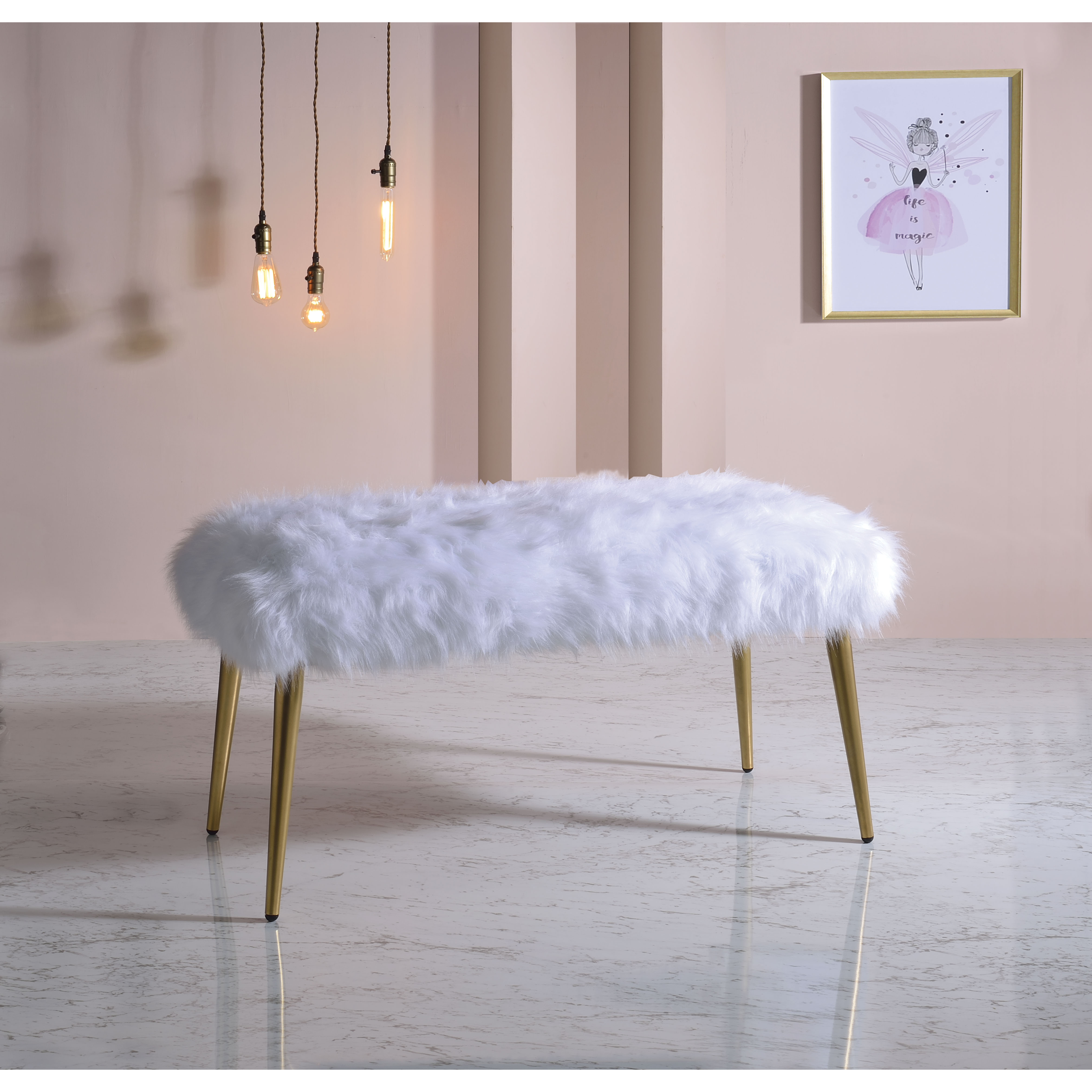 Bagley II - Bench White Faux Fur & Gold