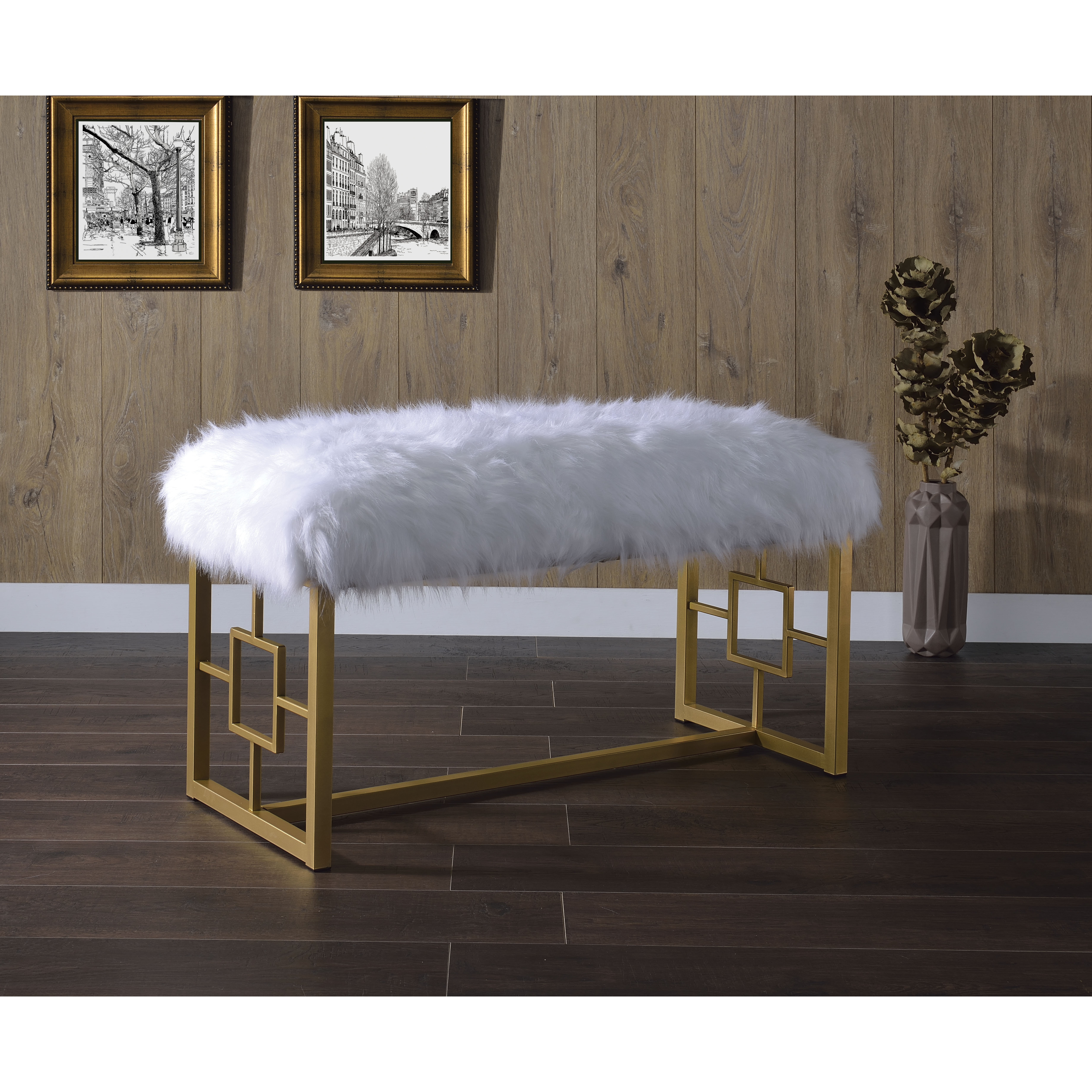 Bagley II - Bench White Faux Fur & Gold