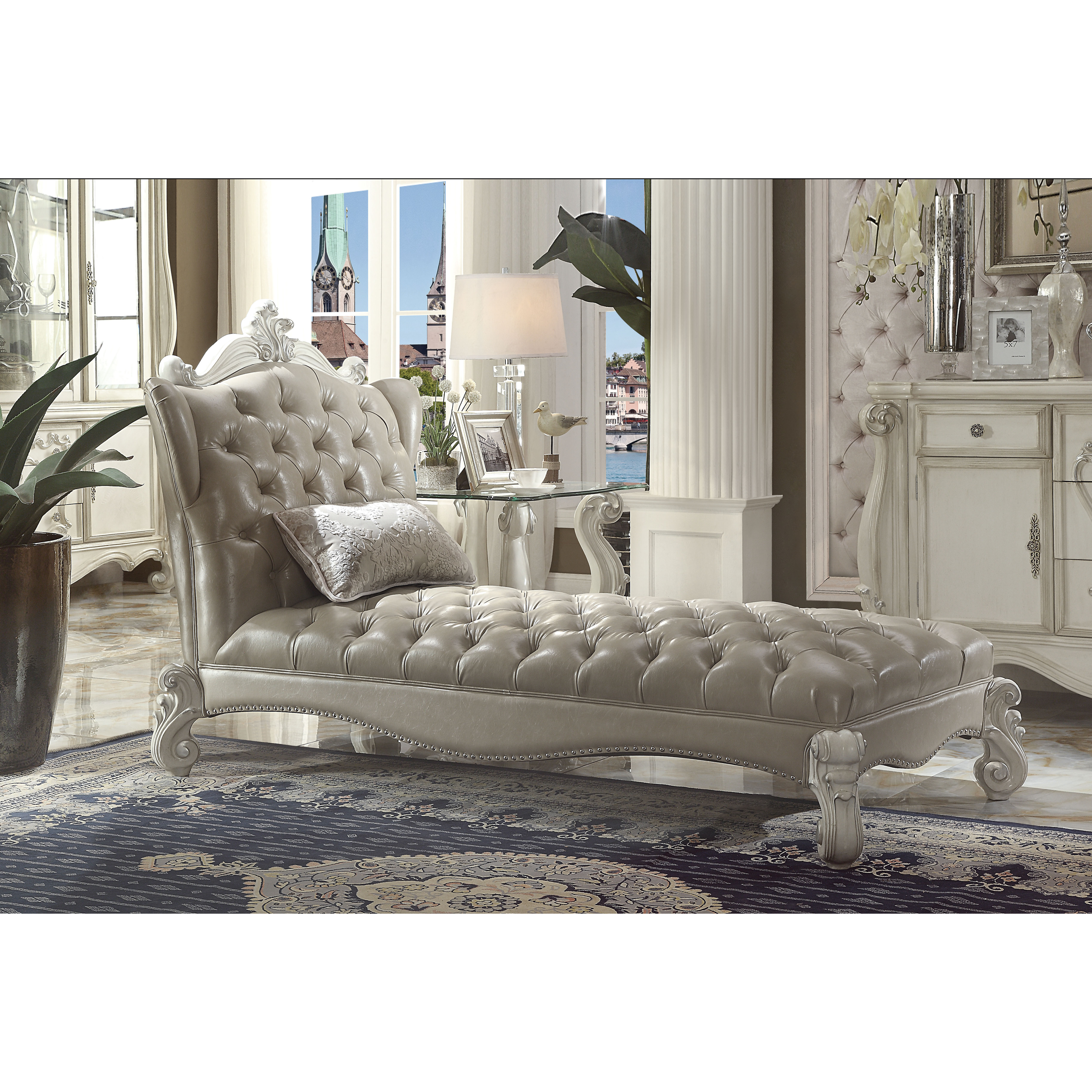 Versailles - Chaise & Pillow Vintage Gray PU & Bone White